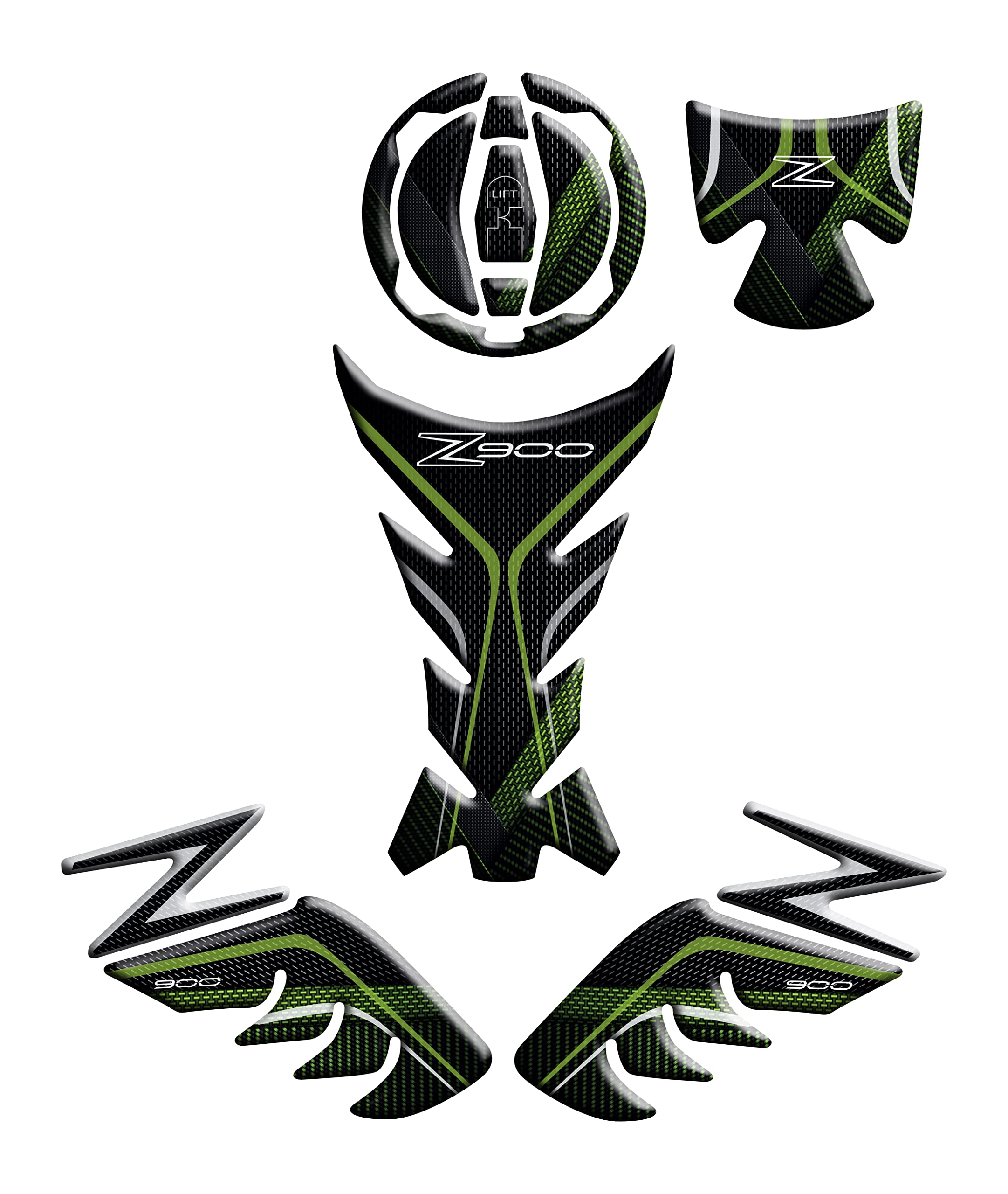 Motorcycle Tankschutz-Set vorne und seitlich, Schutz für Deckel und Schlüssel, geharzt, 3D-Effekt, kompatibel mit Kawasaki Z900 (grün)