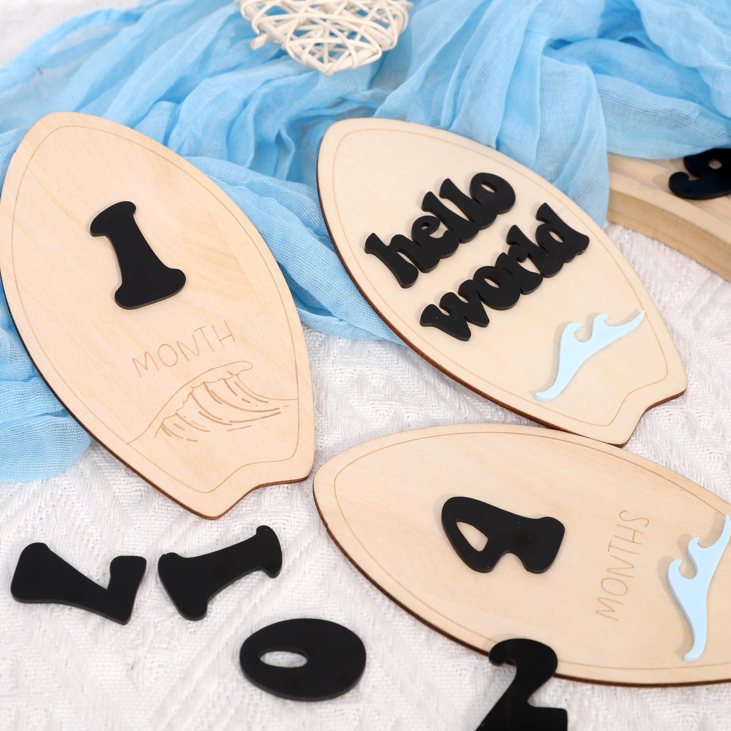 Wooden Surf Baby Monthly Milestone Cards - Beach First Year Monthly Milestone Markers, Ocean Waves Interchangeable Month Milestone Discs, Baby Photo