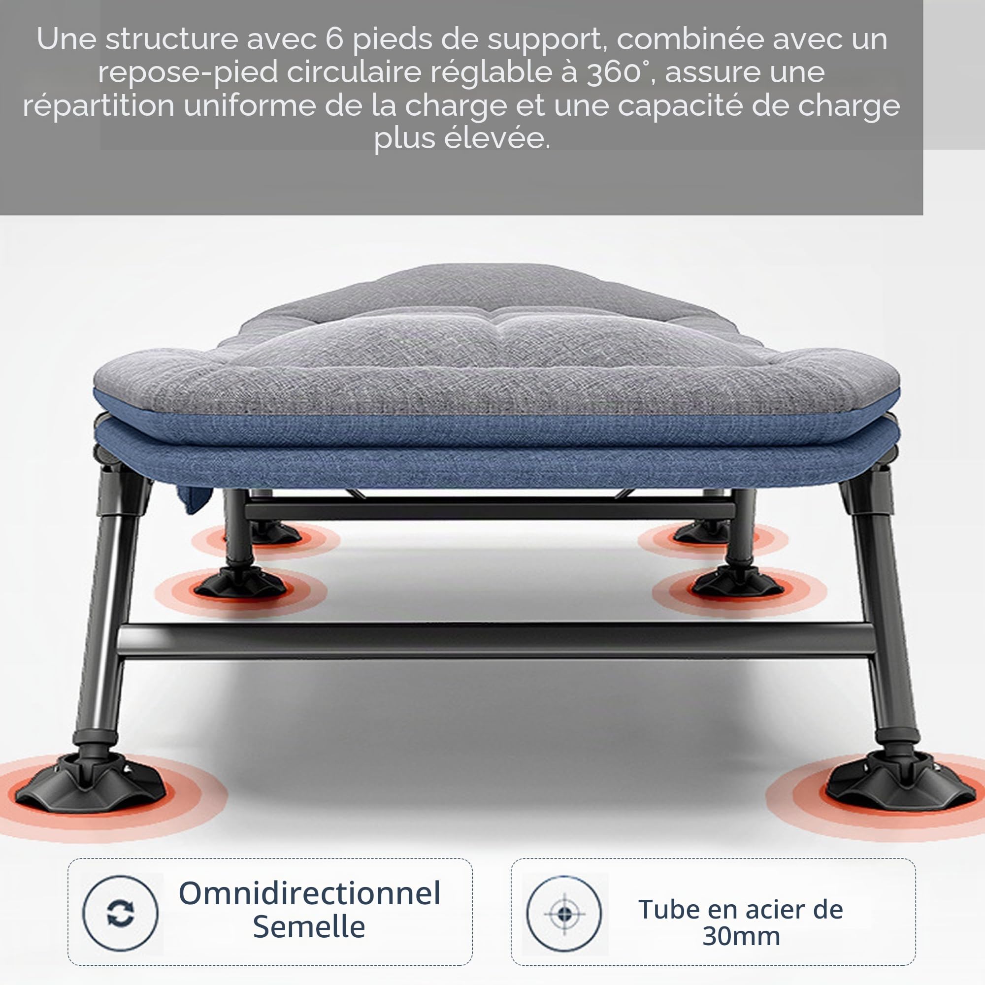 Chaise Longue de Camping à 6 Pieds avec Matelas, Lit de Camp Pliable pour Adultes, Portable pour l'Extérieur, Voyage, Maison, Jardin et Bureau