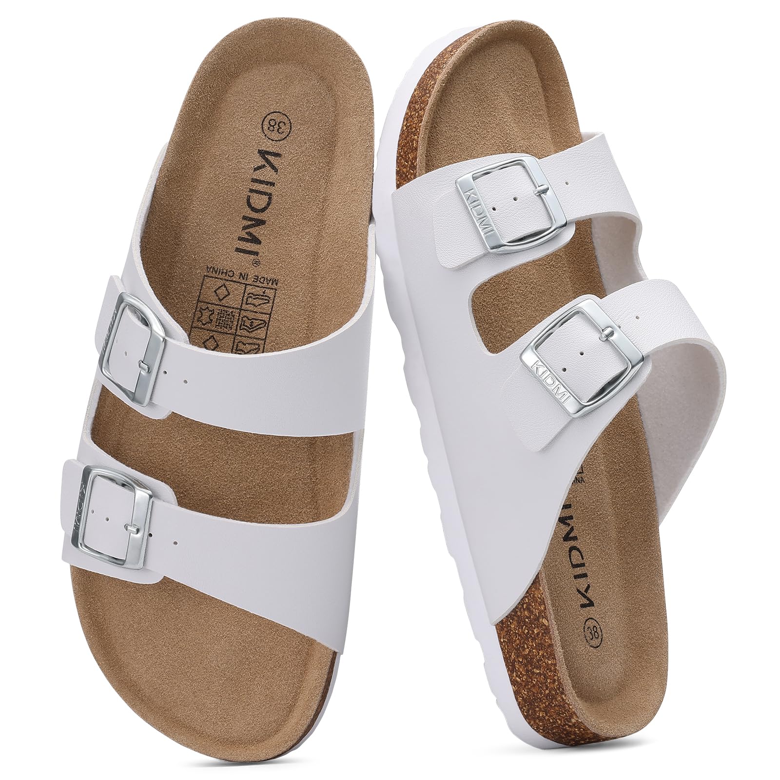 KIDMI Damen Sandalen mit veganem Obermaterial und Fußgewölbeunterstützung, verstellbare Sommer-Pantoletten mit Korkfußbett | Sandalen mit doppelter verstellbarer Schnalle für Damen/Herren, leichter Komfort für Alltag, Strand und Reisen