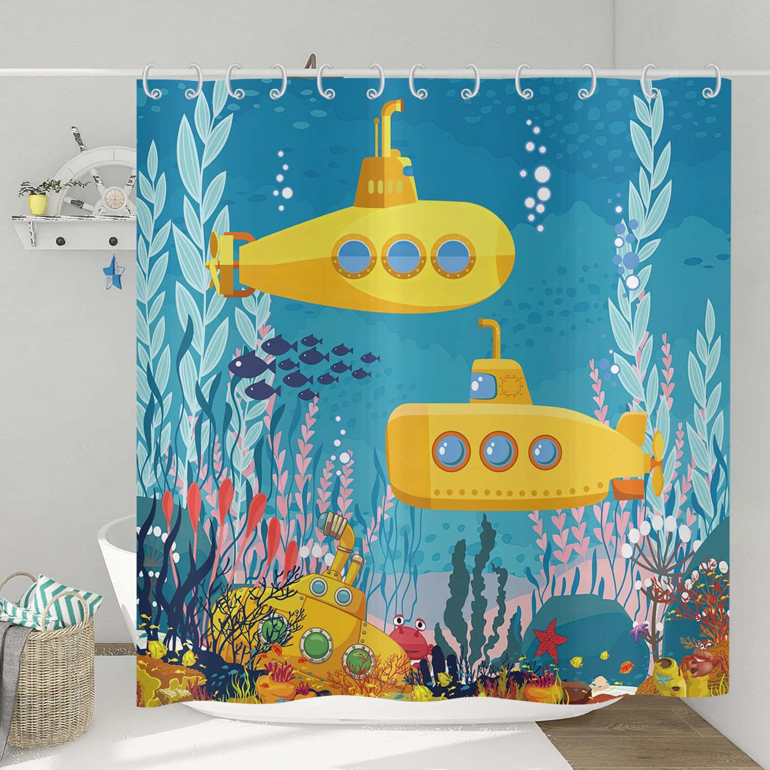 Hnmdmyi Kids Shower Curtain 90x180, Cartoon Yellow Submarine Marine Underwater Ocean Fish Sea Coral Reef Colorful Bathroom Curtains Waterproof Polyester Fabric Washable Bath Curtains with Hooks