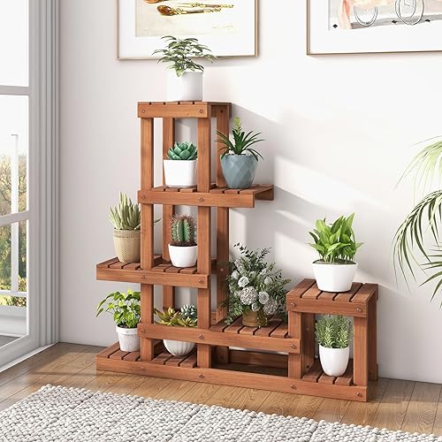 Miniatura 2 de Giantex Shorea - Soporte de madera para plantas de 6 niveles, estante escalonado para múltiples plantas en maceta con estructura alta y baja,