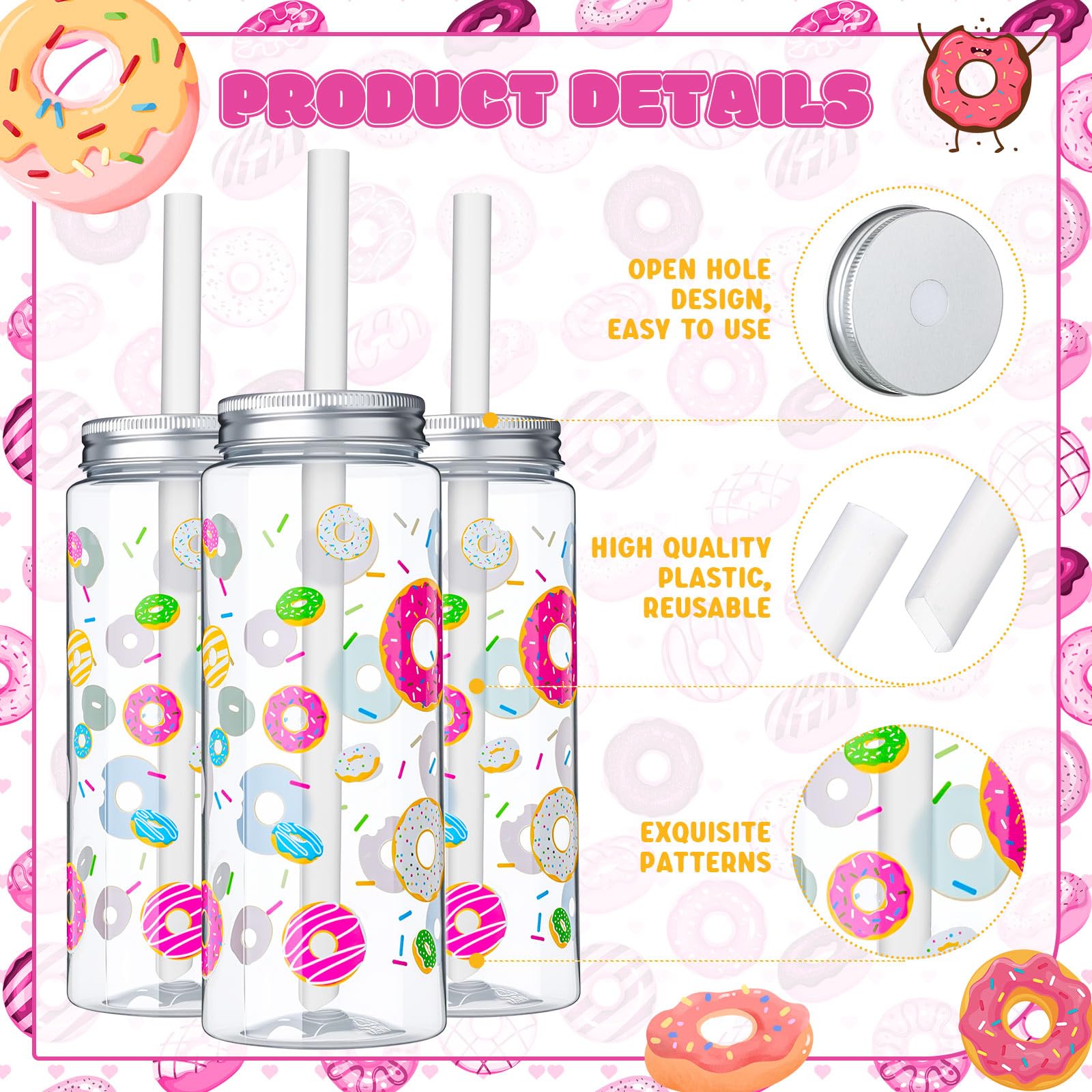 LemonRoad 24 Stück Kunststoffbecher mit Deckel und Strohhalm, 400 ml, wiederverwendbar, Motto-Party-Dekorationen, Becher, Bierdose, Eiskaffeebecher für adrette Party-Dekoration (Donut)