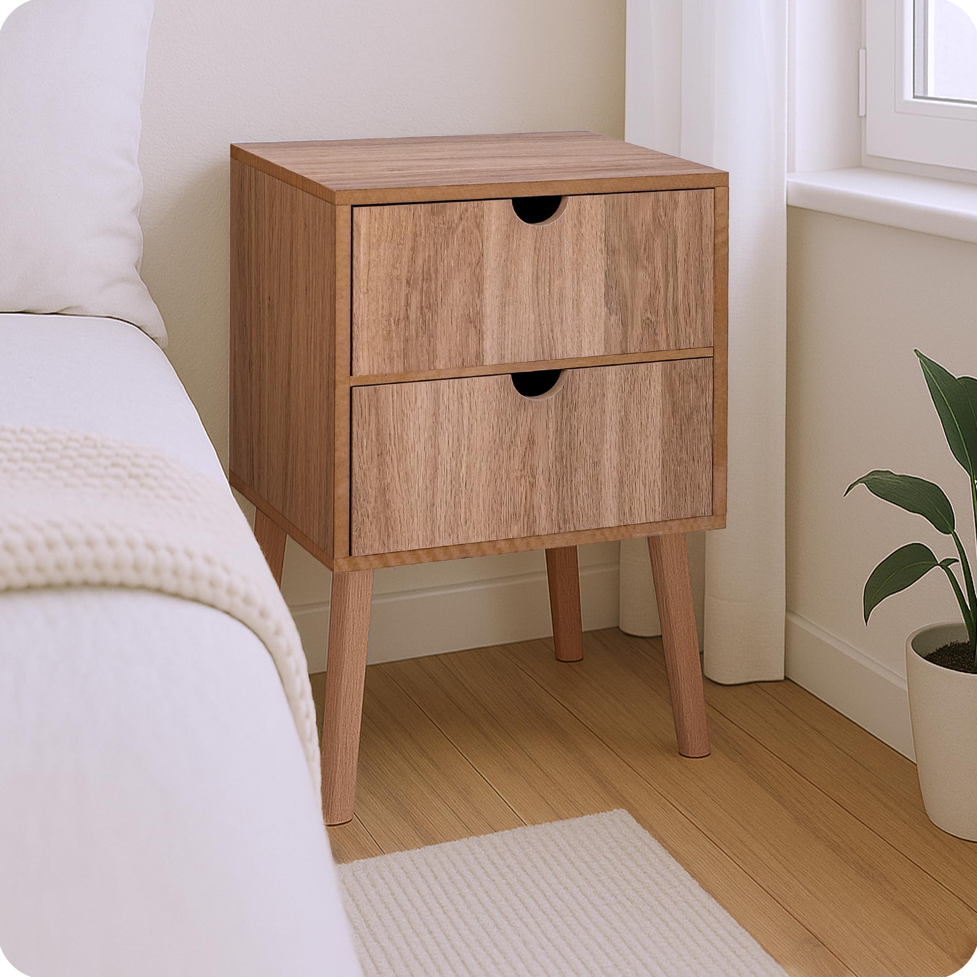 Table de Chevet Bois L34.5 x P30 x H55.5 cm, Table de Nuit Moderne avec 2 Tiroirs, Meuble de Chevet MDF Pieds Bois Massif, Couleur Chêne/Chêne