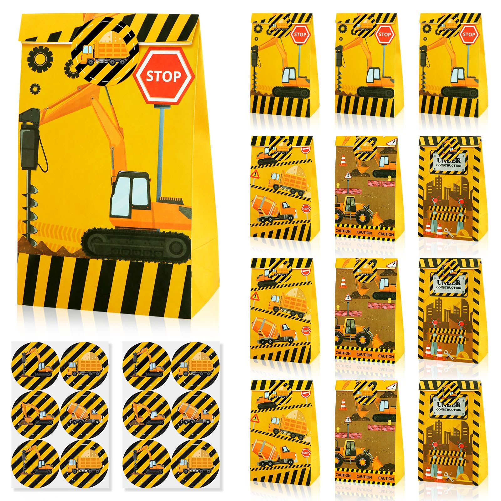 12 Construction Site Party Gift Bags and Stickers Party Favors, Excavator Birthday Decorations, Gift Bags for Children's Birthdays, Excavator Car Gift Bag Birthdays Theme Partys