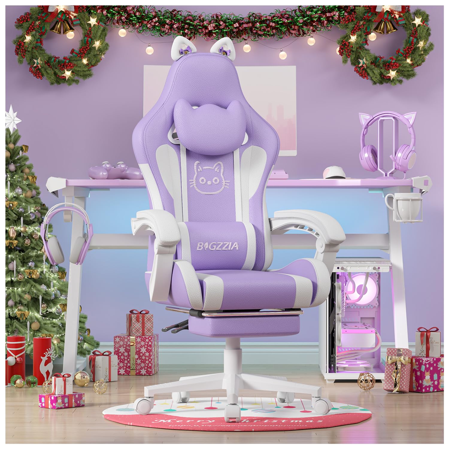 bigzzia Chaise de Gaming Ergonomique avec Oreilles de Chat pour Filles et Adultes, Chaise de Jeu d'ordinateur réglable en Hauteur avec Appui-tête et Support Lombaire de Massage (Violet et Blanc)