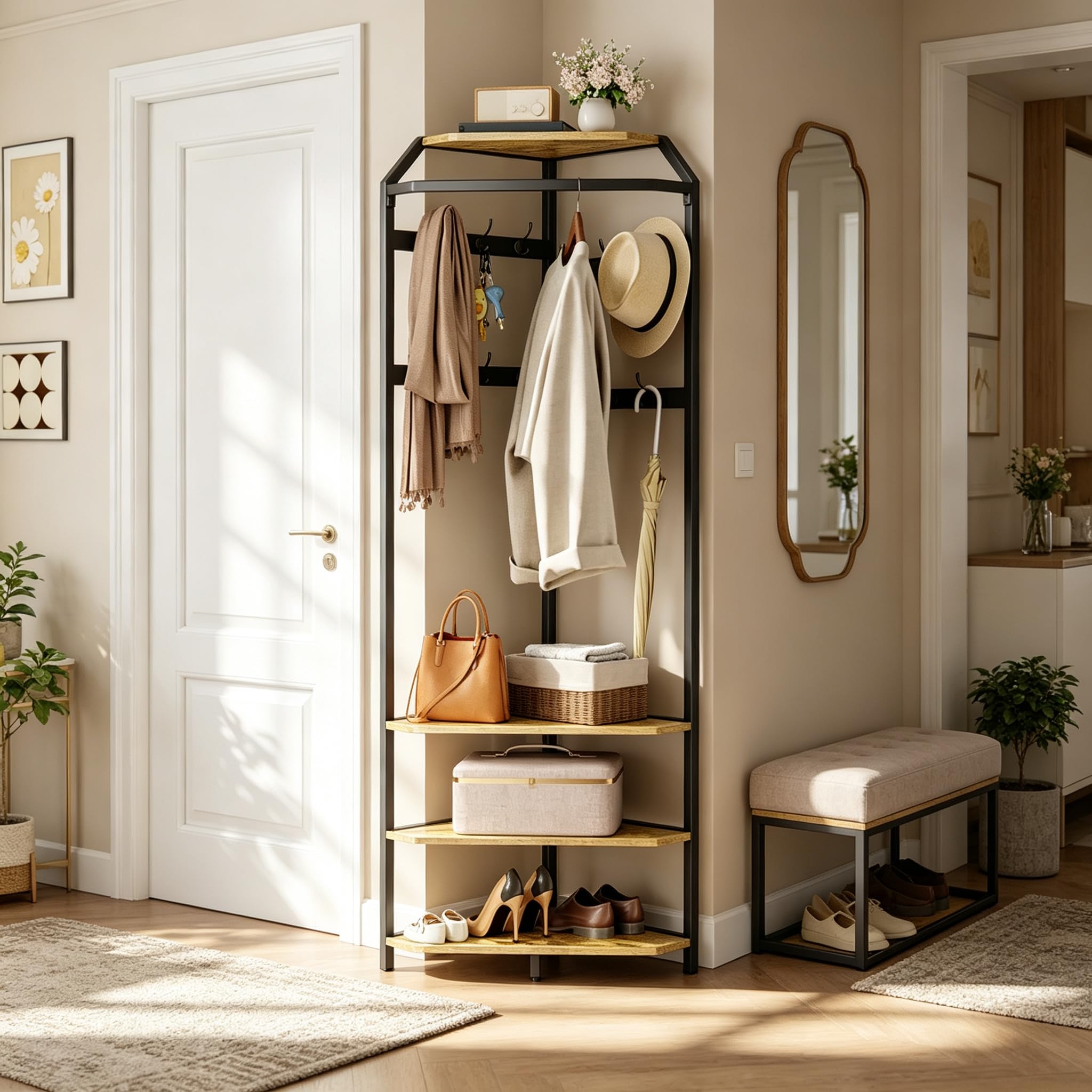Corner Hall Tree Organiser with 12 Hooks, Shelves and Shoe Bench,Coat Rack