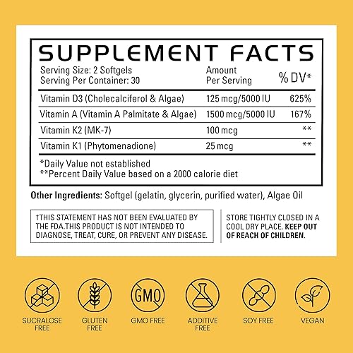 Miniatura 5 de Ganancias en suplemento D3 K2 a granel, vitamina D3 5000 UI, vitamina K2 100 Mcg, vitamina A 5000 UI, aceite de algas con Omega 3, apoyo de