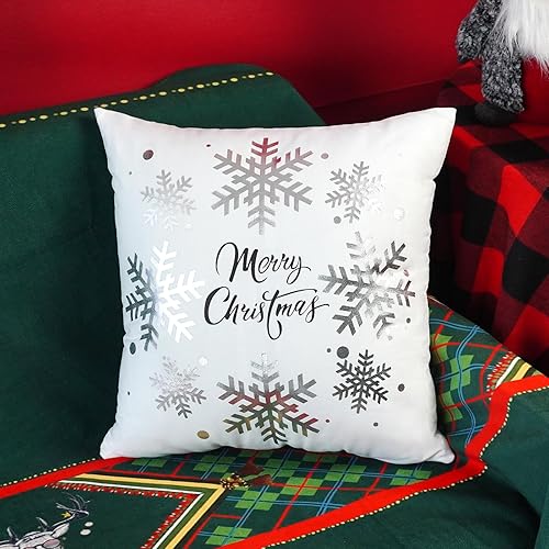Miniatura 3 de ONWAY Juego de 4 fundas de cojín decorativas de Navidad de 18 x 18 pulgadas, diseño de copos de nieve, renos, decoración de Navidad para sofá,