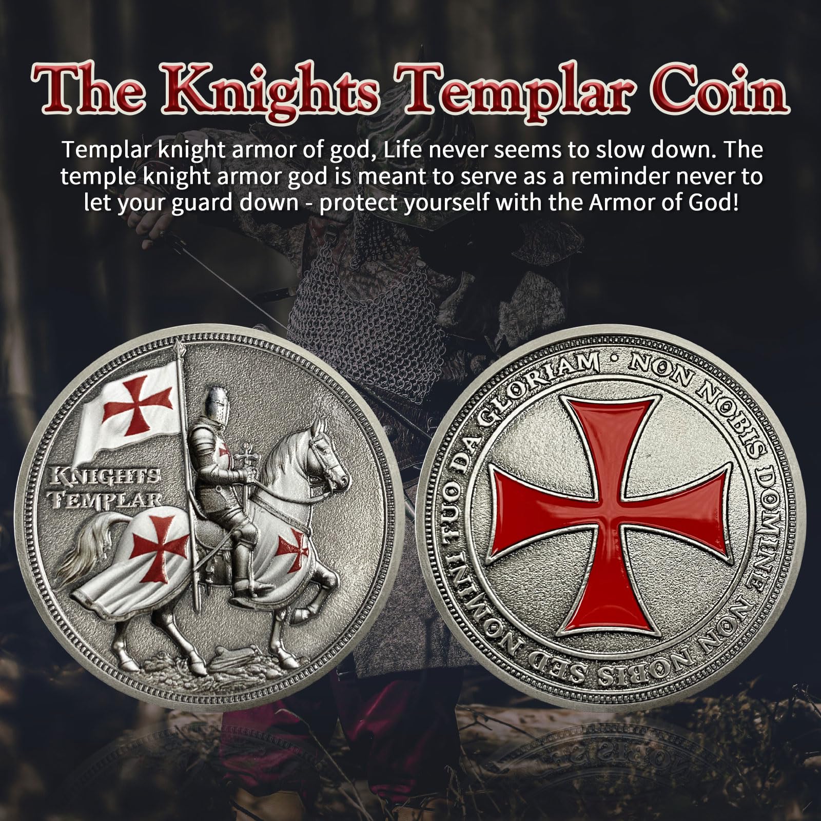 AtSKnSK Pièce de défi des Templiers Chevalier cheval Pièce religieuse Croix-Rouge Guerrier Jeton Médaillon chrétien du Christ Croix-Rouge Cadeaux commémoratifs pour hommes et femmes