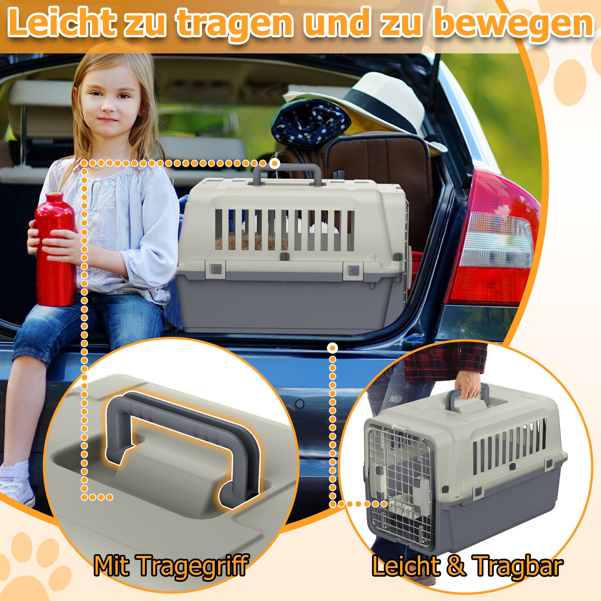 YRHome Boîte de transport pour chiens et chats - Caisse de transport pour les voyages en avion - Avec fenêtre en plastique, porte en fer, bol et plateau à couches et poignée - 60 x 40 x 40 cm - Charge