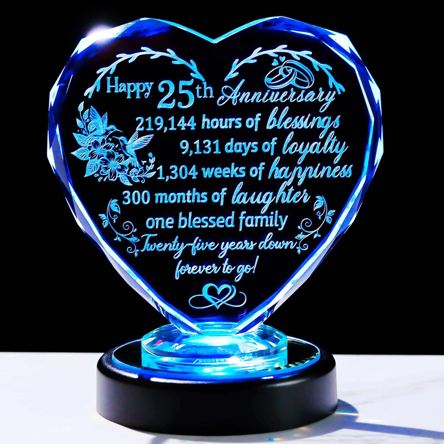 25th Wedding Anniversary Heart Gifts for Couple, Wife, 25 Year Anniversary Keepsake Gifts for Him with Multicolor LED Light Base