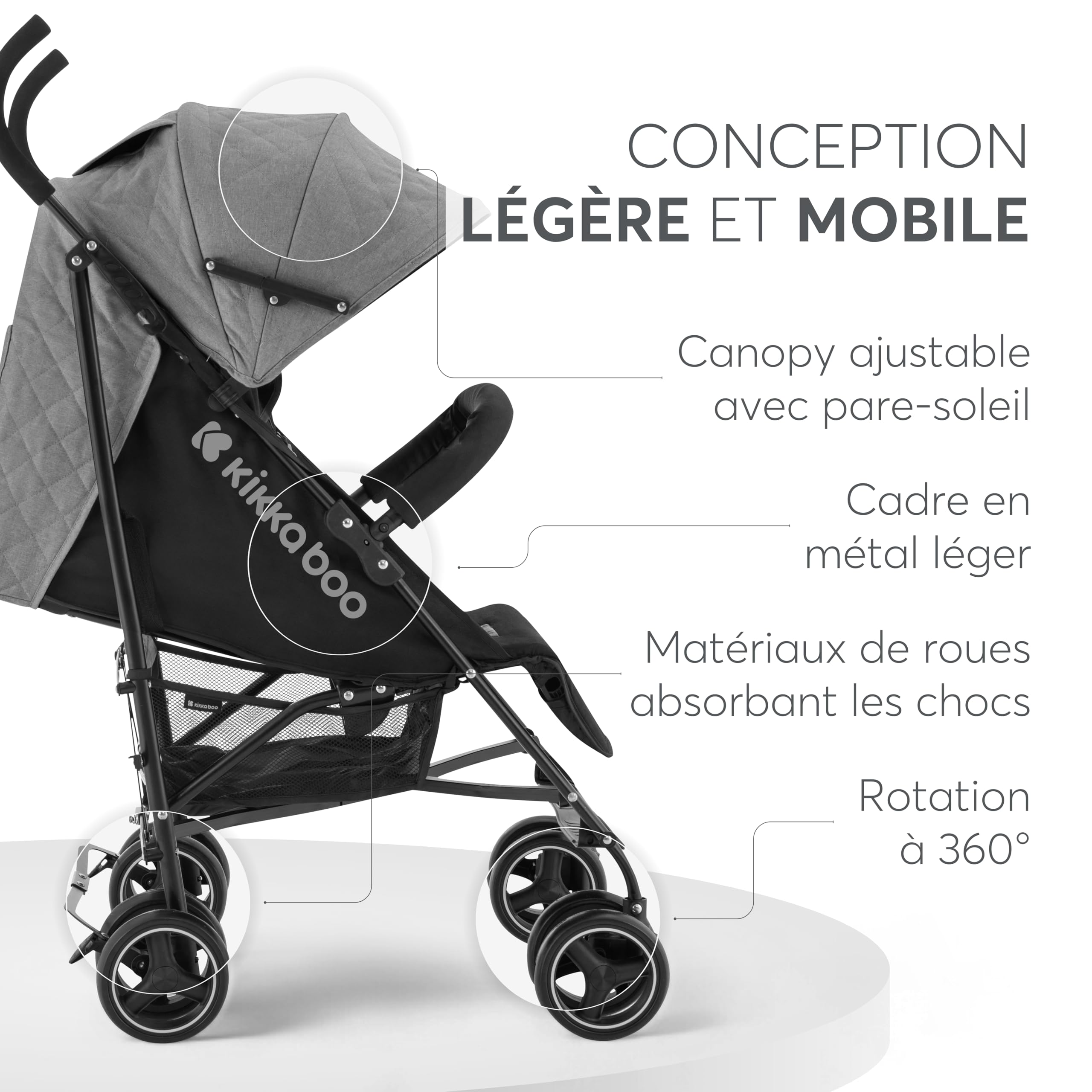 Poussette KikkaBoo BEETLE pliable compacte gris jusqu'à 22 kg