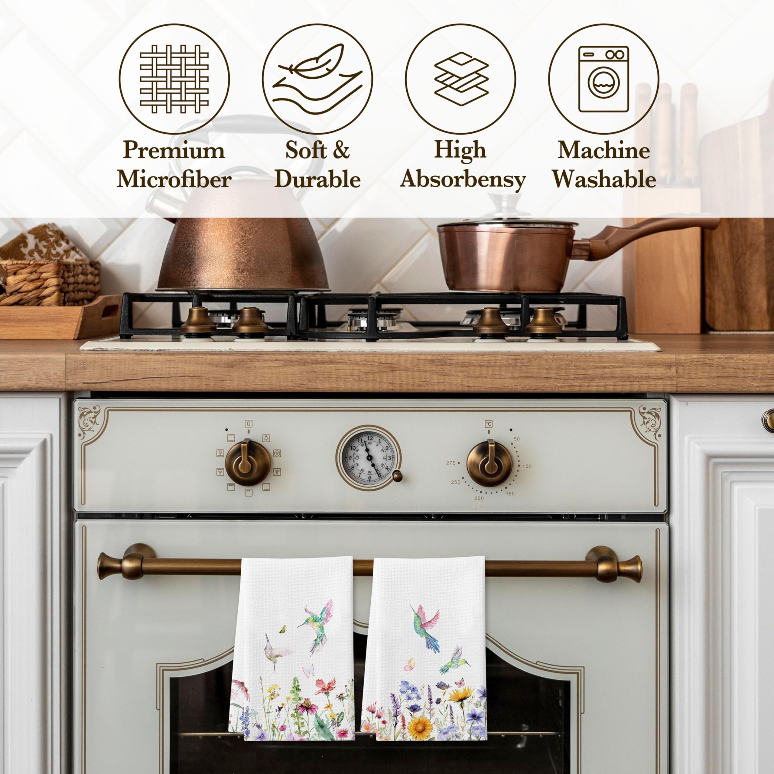 DETIHO Juego de 2 toallas de cocina, suaves y absorbentes, para cocina, paños decorativos florales para secar platos, regalos de colibrí para mujeres, toallas reutilizables y de secado rápido (B09