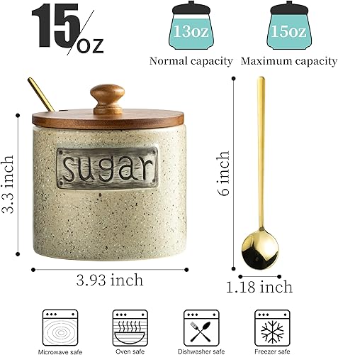 Miniatura 2 de LYEOBOH Azucarero de 15 onzas, recipiente para azúcar, contenedor rústico para azúcar con tapa de madera y cuchara para barra de café, apto