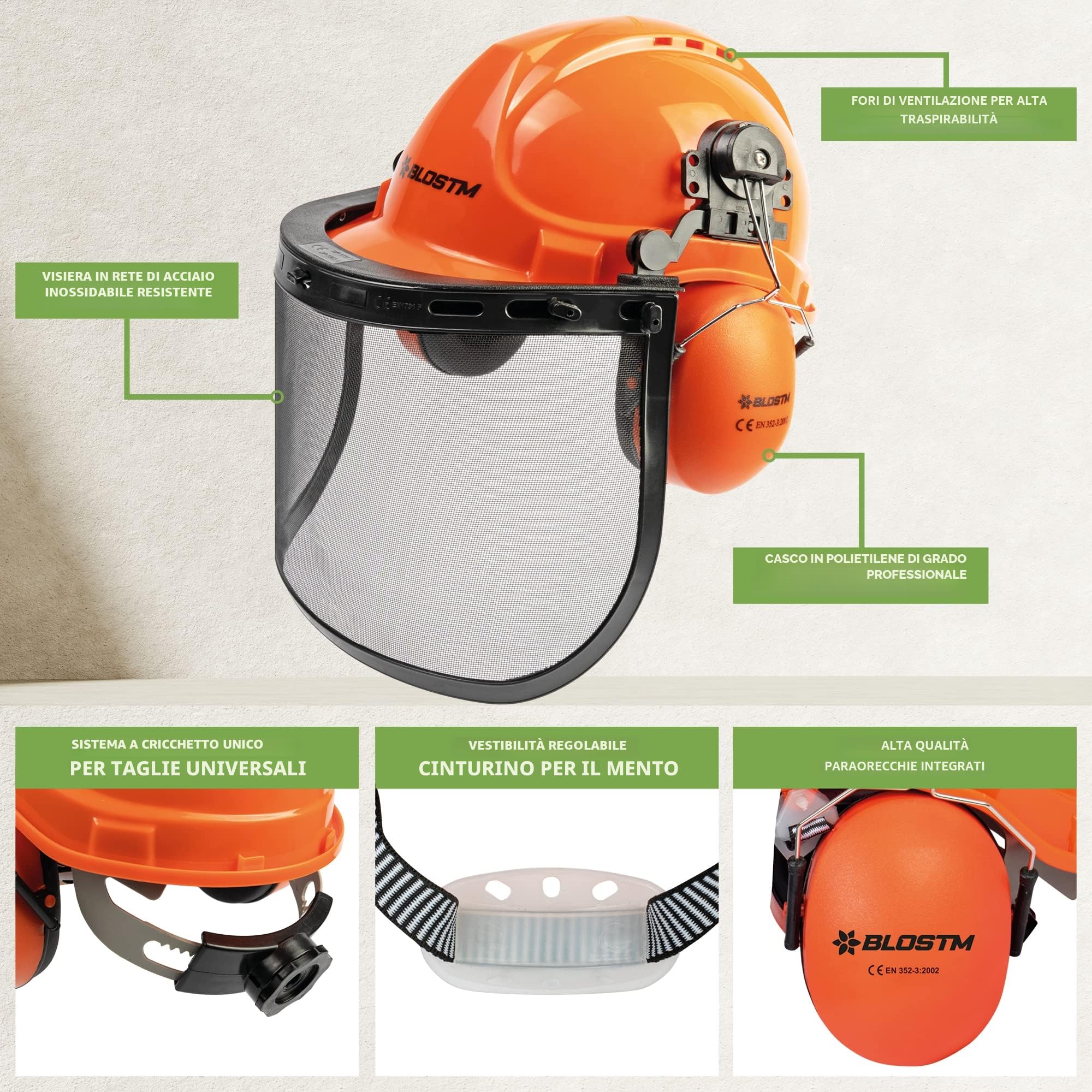 BLOSTM Casco di Sicurezza - 3 in 1 Casco Forestale Arancione con Visiera in Rete d'Acciaio e Cuffie di Protezione dell'Udito, Elmetto Resistente Agli Urti