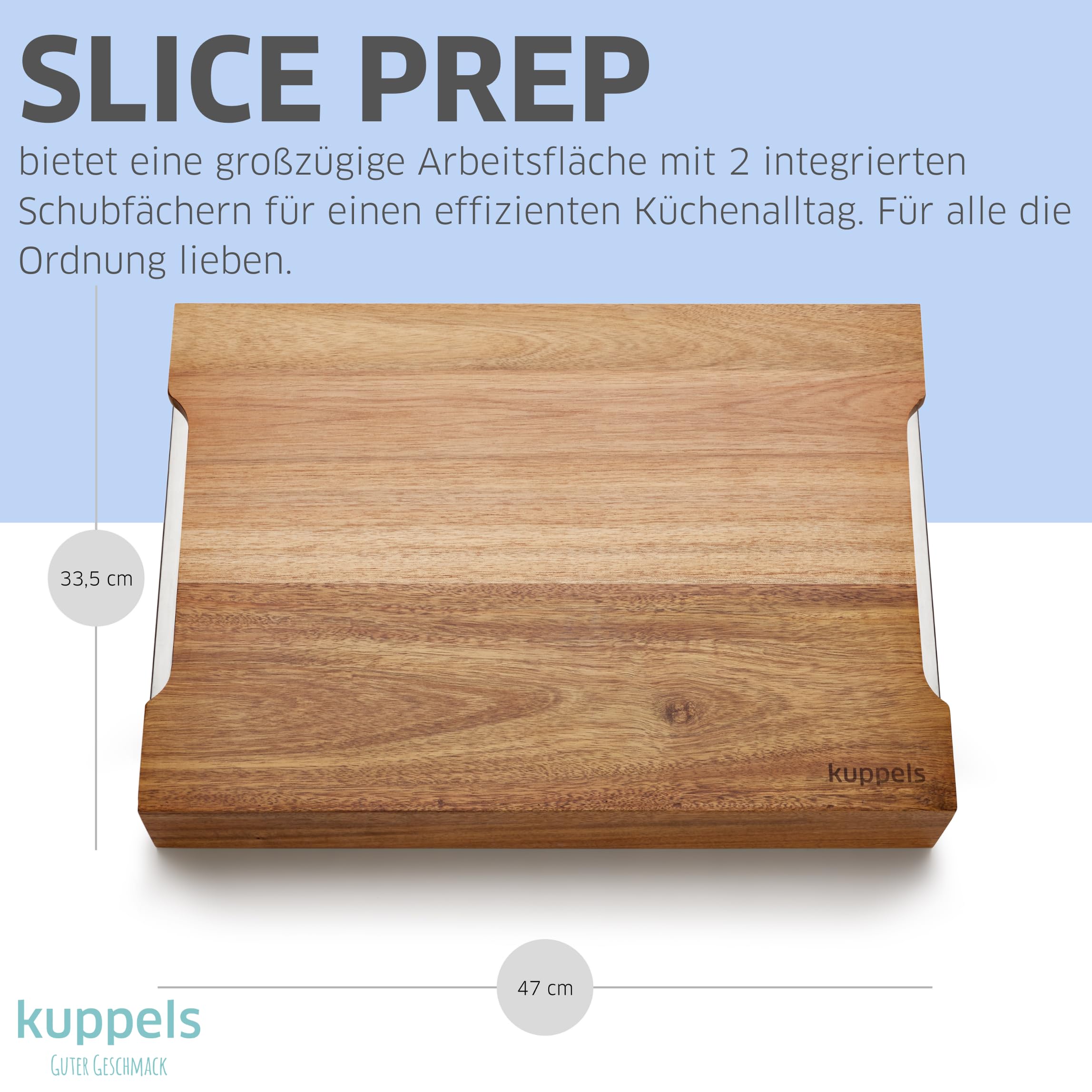 Kuppels SLICE Prep Akazienholz Schneidebrett mit 2 Auffangschalen 47x33,5cm | Profi-Holzbrett mit Aufbewahrungssystem, hygienisch, schnittfest, pflegeleicht, mit Griffmulden, für Gemüse & Fleisch