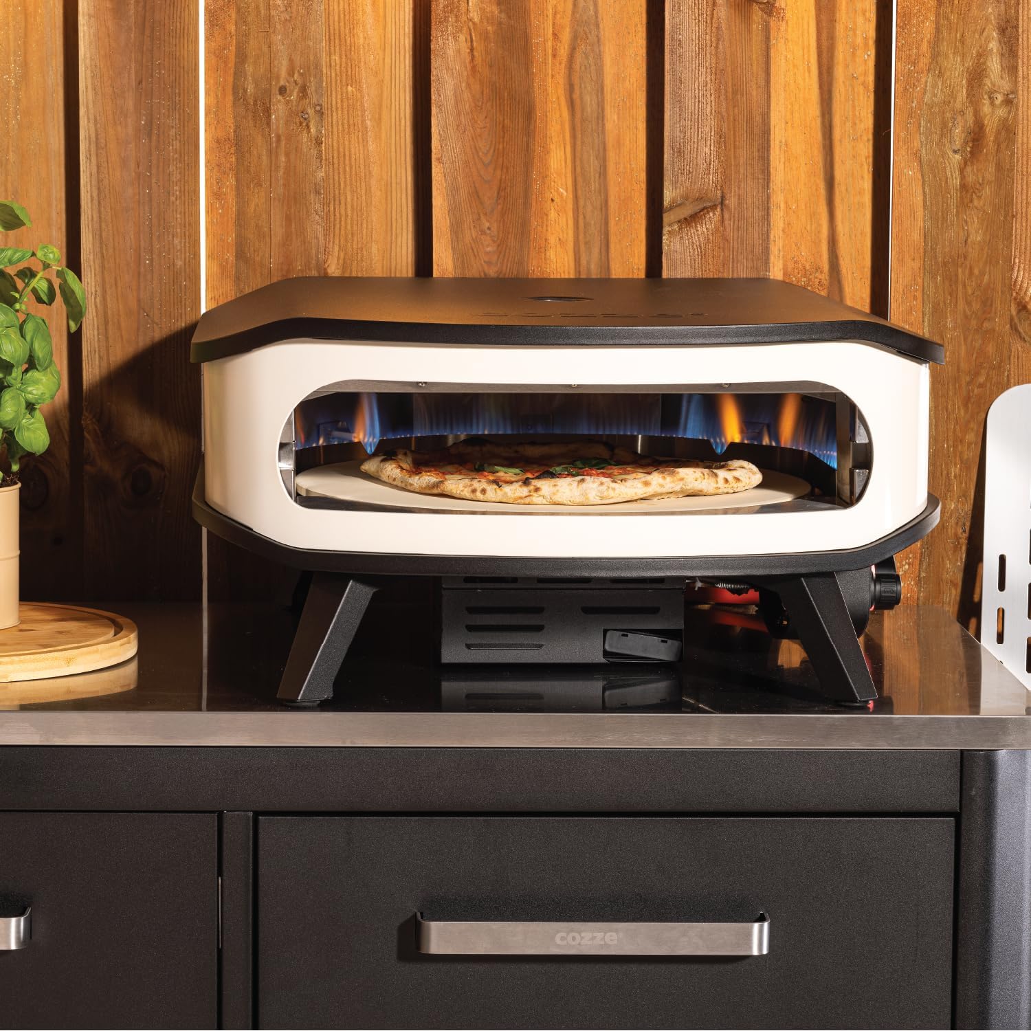 Cozze Horno de Pizza 17" con Piedra Giratoria y Puerta | Horno de Gas para Exteriores | Coccin Rpida en 2 Minutos | Termmetro Integrado | Quemadores en Forma de U