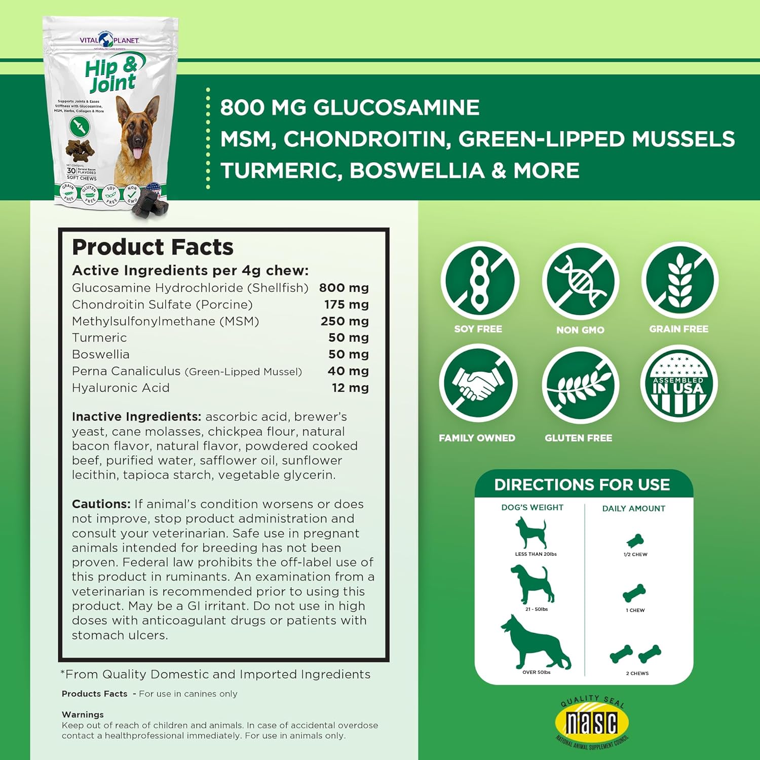 Vital Planet - Hip and Joint Soft Chews for Dogs, with Glucosamine, MSM, and Collagen from Green-Lipped Mussel - 30 Bacon Flavored Soft Chews