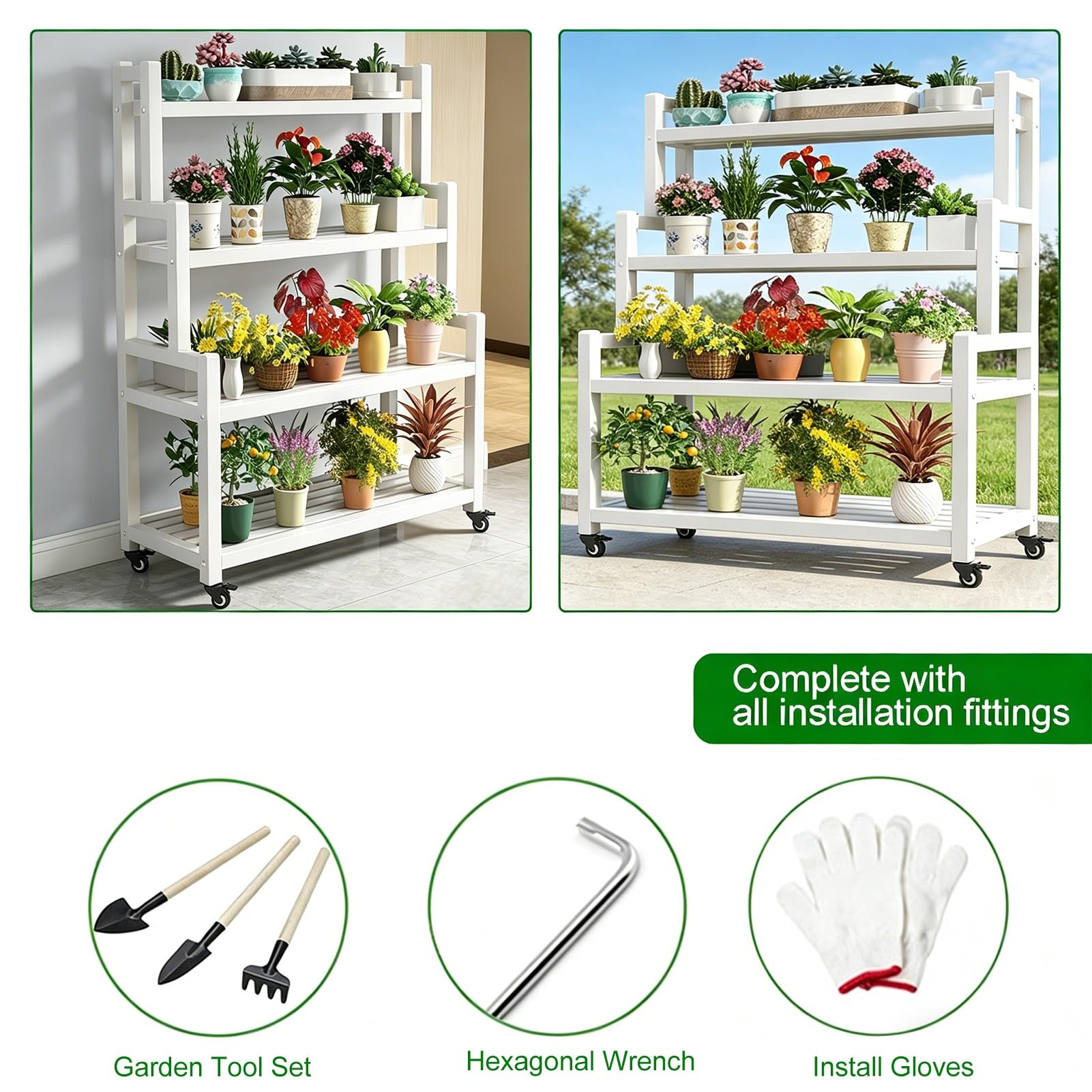 Supporto per piante a 4 livelli in metallo bianco con ruote e freni - Scaffale per fioriera con scala resistente, espositore per vasi da fiori ad angolo (altezza 145 cm)(120x40x145cm)