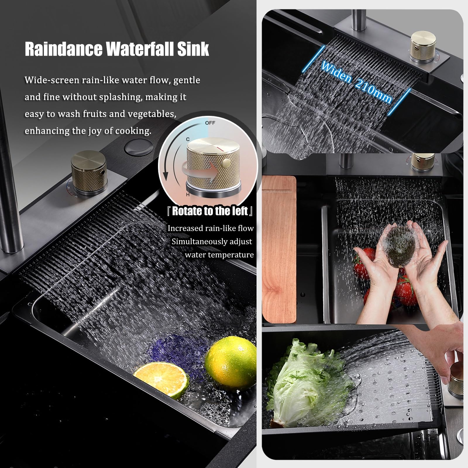 Lavello da Cucina,lavello a Cascata in Acciaio Inossidabile 304 Nero,lavello sottotop con Vasca Singola,Rubinetto Estraibile Flying Rain,Lavatrice e lavabo,per Una Lavanderia Moder