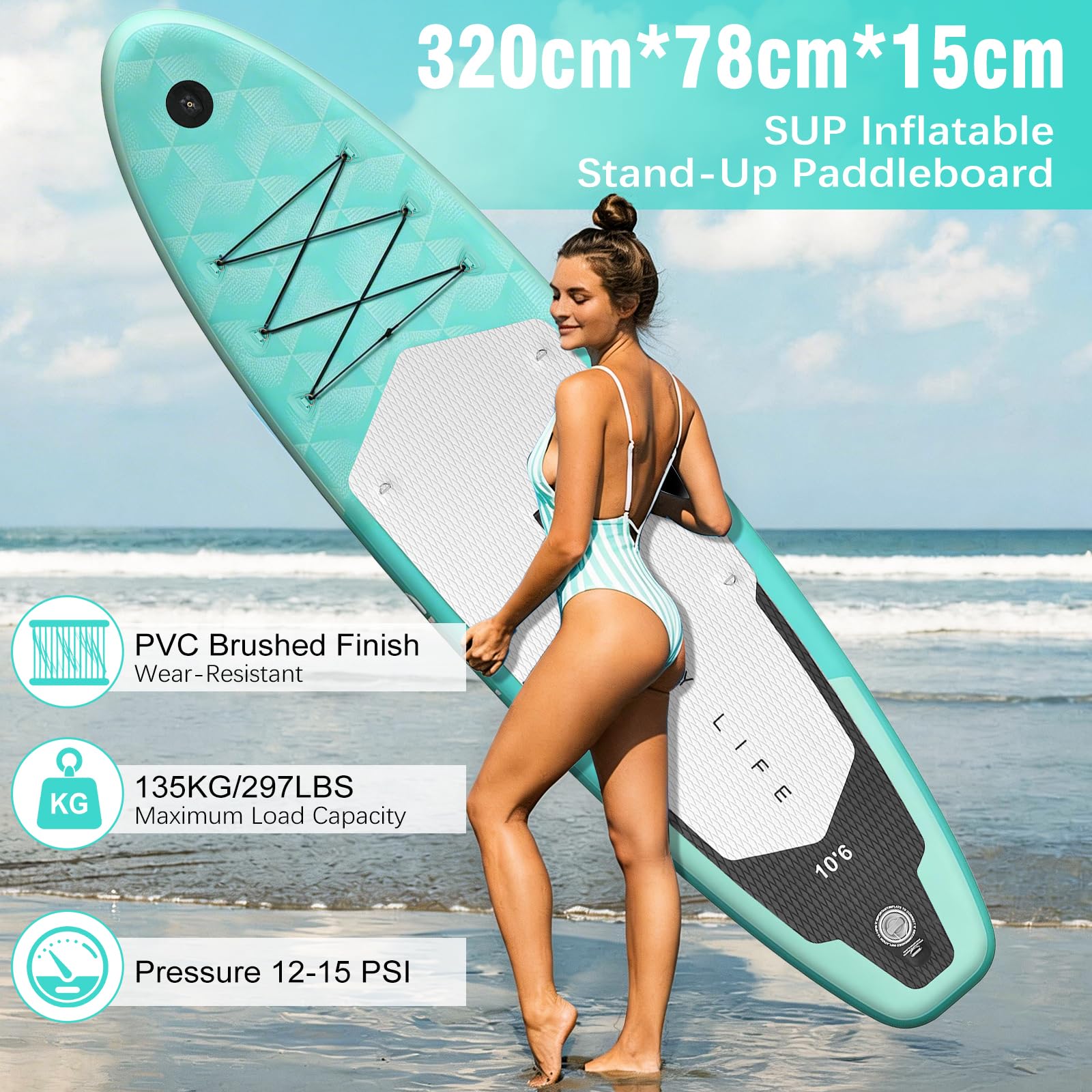 Tabla de Paddle Surf Hinchable para Adultos de 320 cm,Totalmente Equipada: Remo,Bomba de Aire, 3 Aletas,Excelente Estabilidad,Adecuada para Principiantes y Surfistas Avanzados