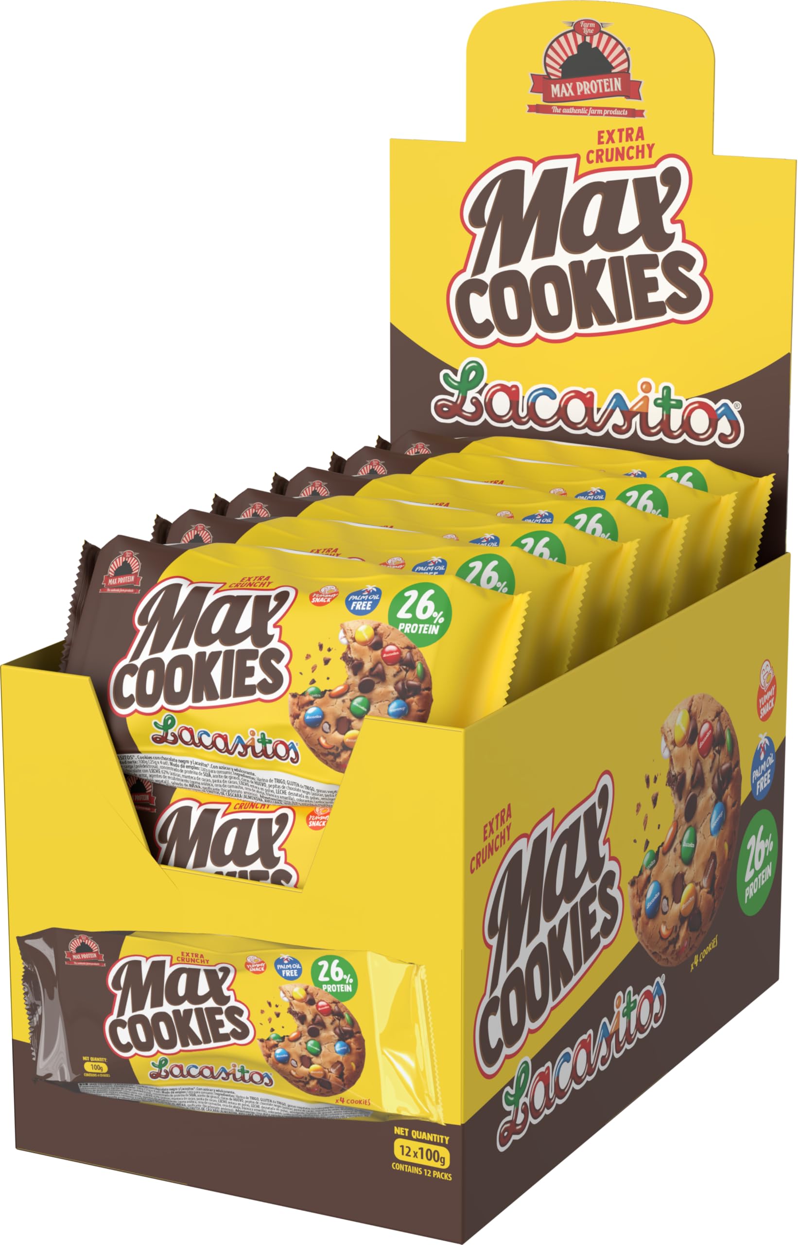 MAX PROTEIN - Max Cookies Lacasitos® - Galletas Proteina - Cookie Proteica con 26% de Proteína cada Galleta - Snack Saludable, Post Entrenamiento - Bajas en Azúcar, Sin Aceite de Palma. (Caja 12)