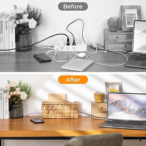 Miniatura 4 de StorageWorks Caja de organización de cables, organizador de cables de mimbre con 2 ranuras para ocultar cables y regleta de alimentación, caja