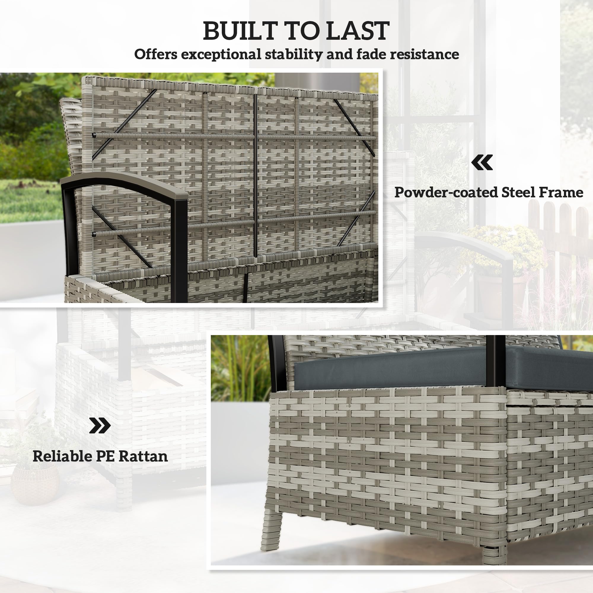 Outsunny 125L Banc Jardin Rangement 2P Rotin PE Cadre Métal Gris Foncé