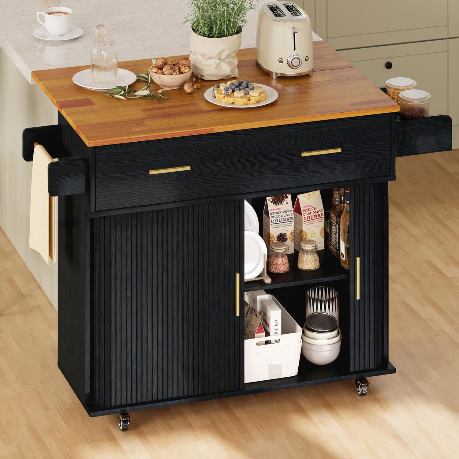 DHH Rolling Kitchen Island with Drop Leaf Countertop&Ample Storage - 39.4" Small Mobile Kitchen Cart On Wheels with Sliding Door,Drawers,Spice Rack & 2-Tier Storage (Black)