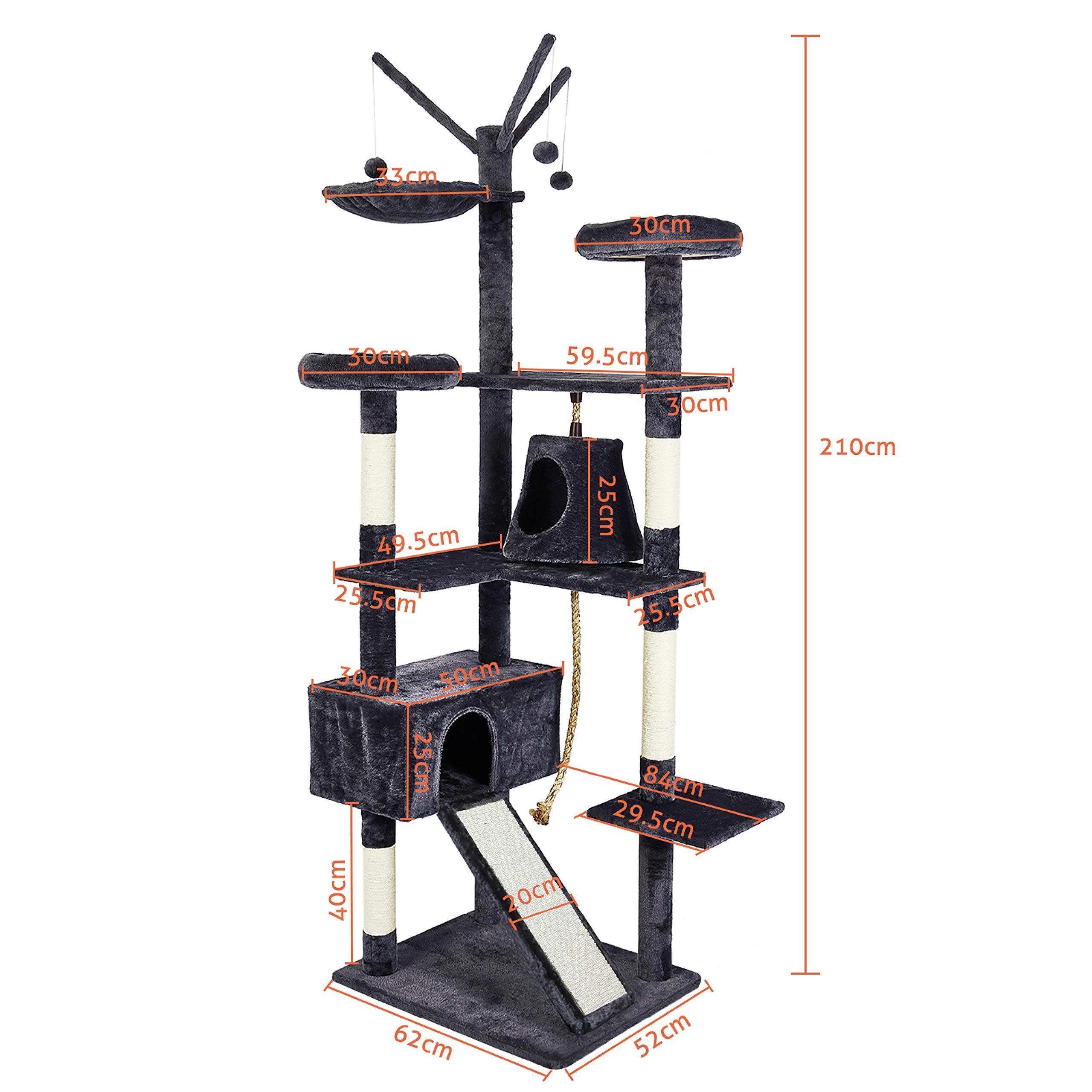 Meerveil Tiragraffi Albero per Gatti XXL Gatti Gioco gichi Palestra con Giocattolo per Gatto 3 Palle Cuccia Graffiatoio in Corda Sisal Naturale, con Amaca 210 cm, Grigio