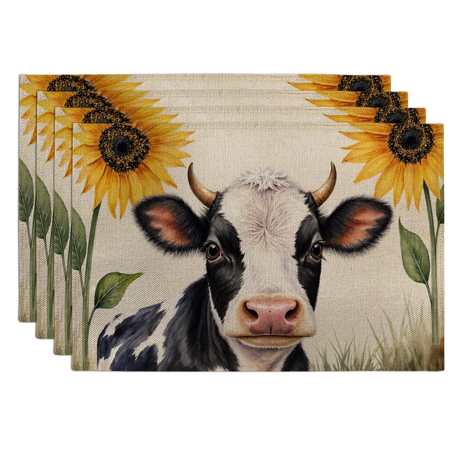 Cow and Sunflower Placemats, Rustic Farmhouse Decorative Place Mats for Dining Table, Spring Summer Non-Slip Washable Indoor Outdoor Kitchen Party Placemat Set of 4
