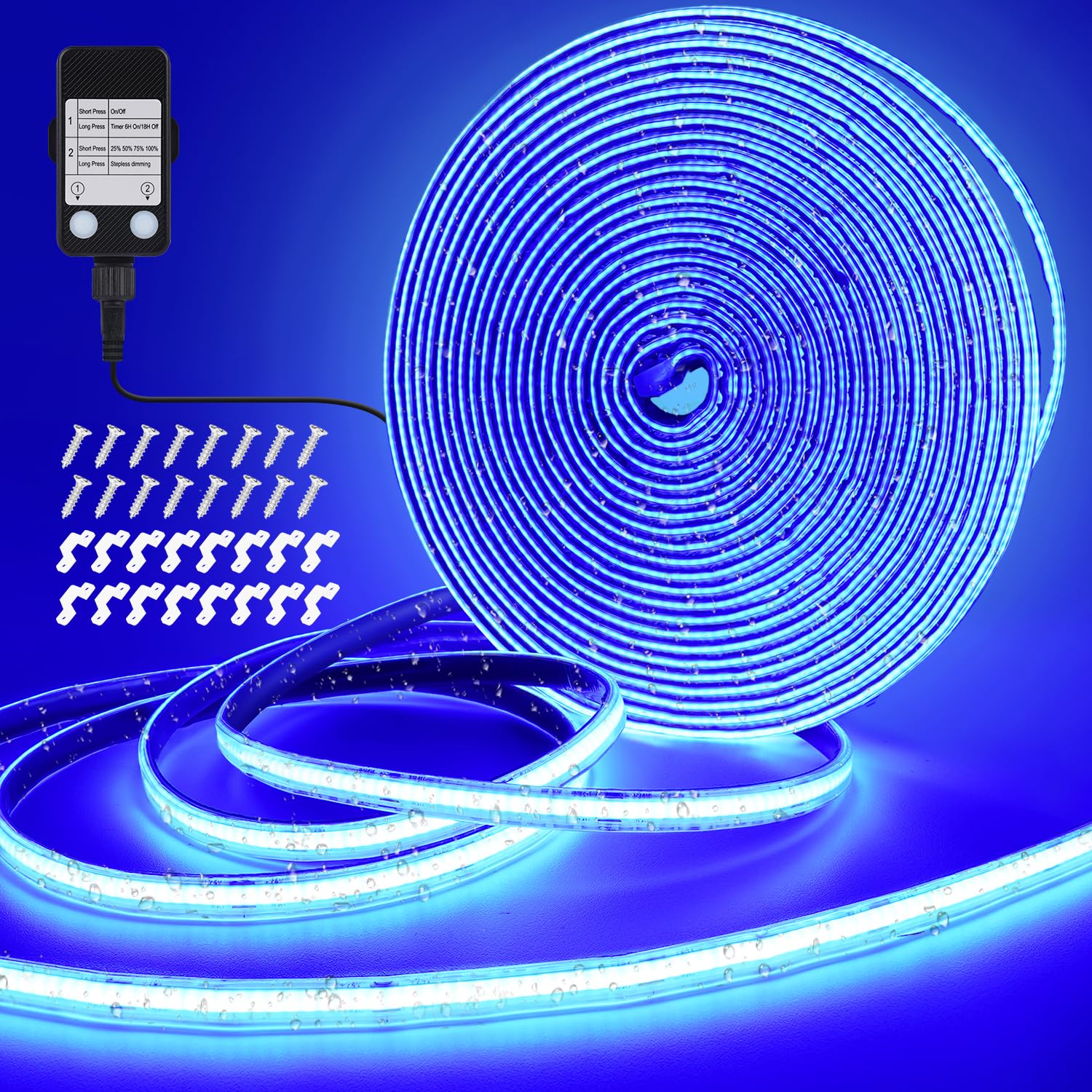 StarryEver 10M Blue Led Strip Lights, Outdoor 3200 LEDs 24V CRI90+ Dimmable Plug-in COB Light Strip Waterproof, Timer LED Strips, with UKCA Power Supply for Kitchen, Camping, DIY, Home Decoration
