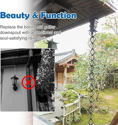 Miniatura 3 de JINJIANNING Aluminum Alloy Rain Chain Rhombic Design, Adjustable Black Downspout Replacement, Outdoor Gutter Water Guide Chain with Hook(2.6m