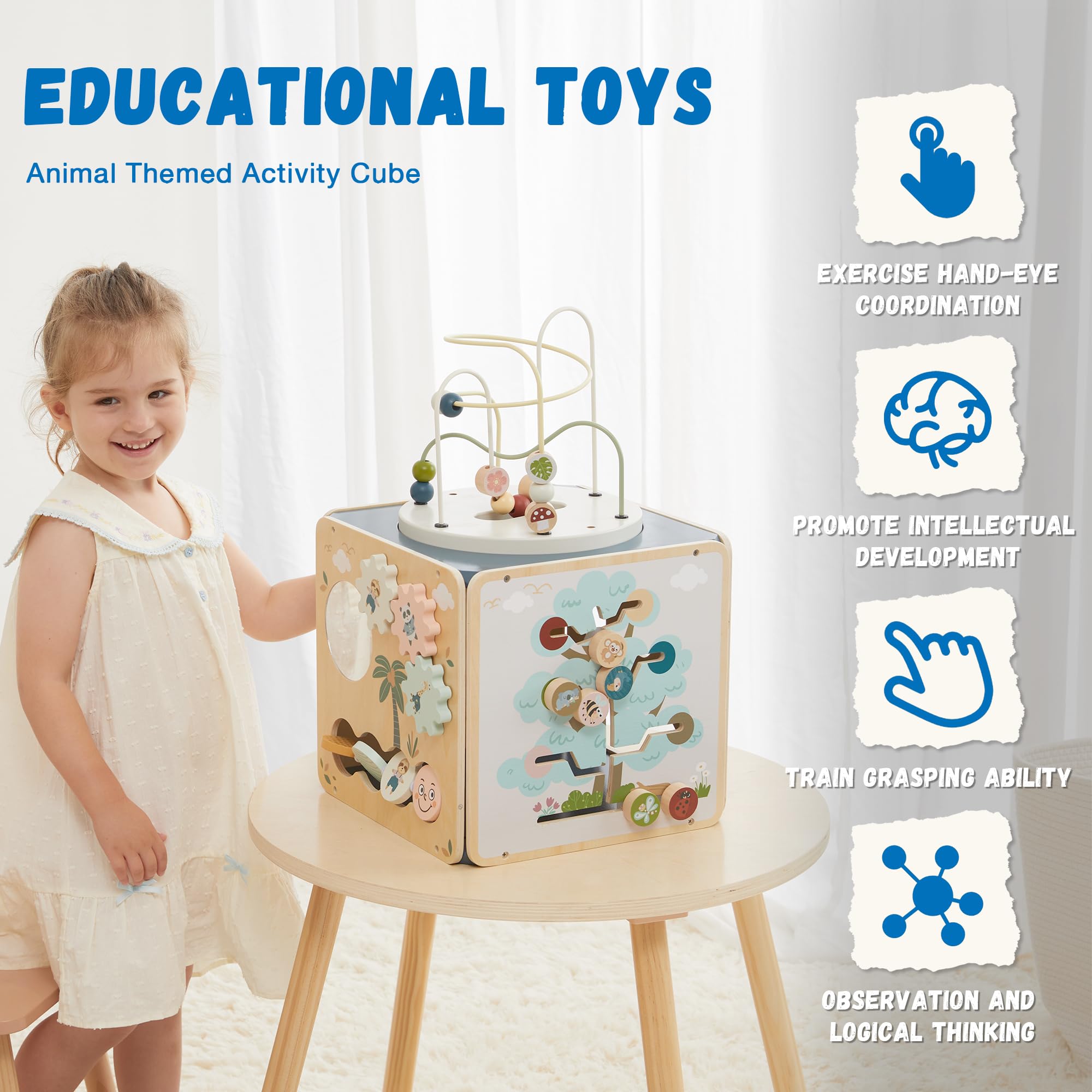 FReniland Holz Montessori Aktivitätswürfel für Kleinkinder 1-3 7-in-1 Baby Activity Center mit Perlen-Labyrinth, Formsortierer, Zahlengetriebe & Entdeckungsspiegel, Feinmotorisches Lernspielzeug für