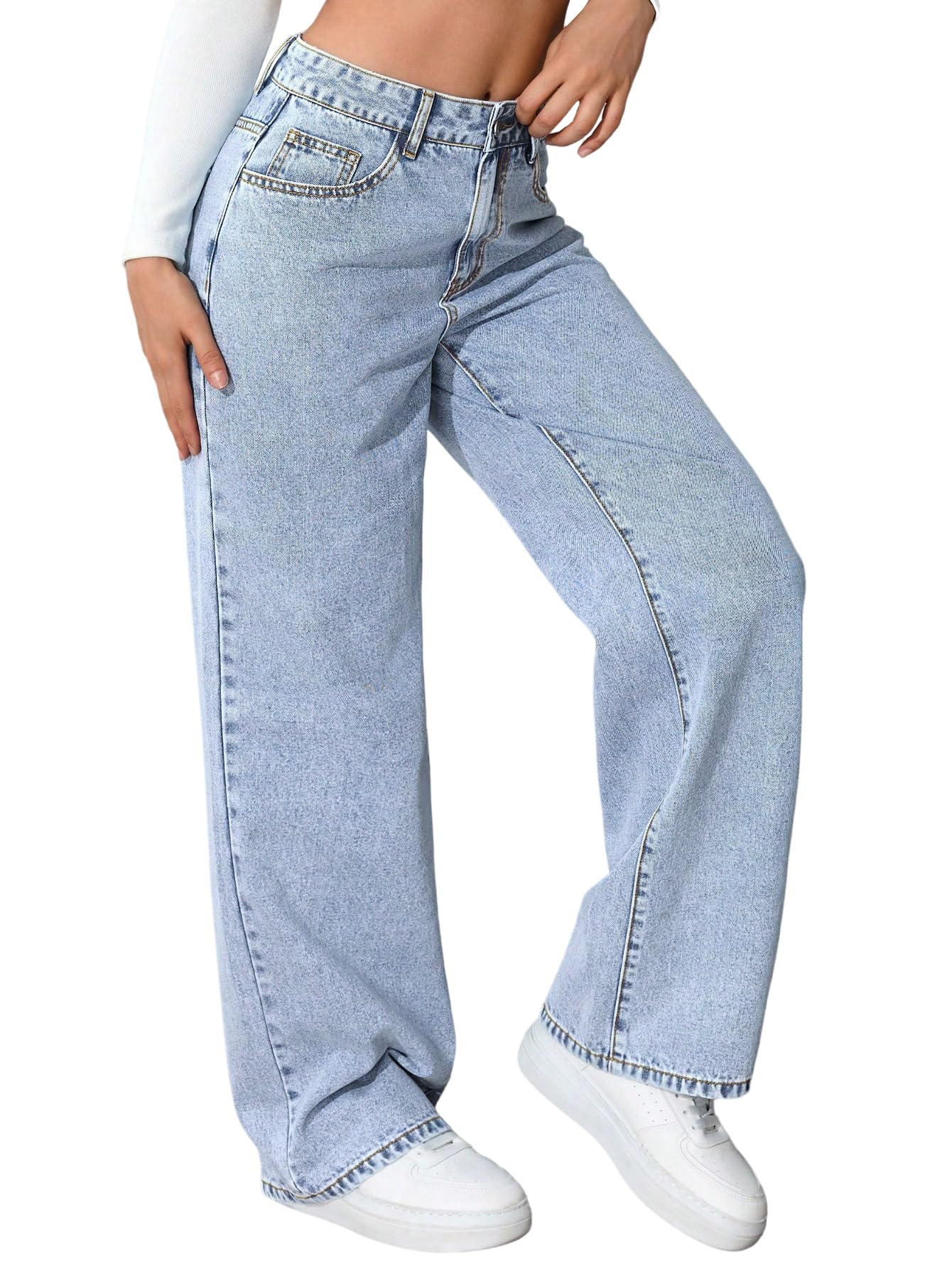 SweatyRocks Jeans da donna eleganti jeans da donna a vita alta, jeans in denim con chiusura lampo, pantaloni a gamba larga, con tasche