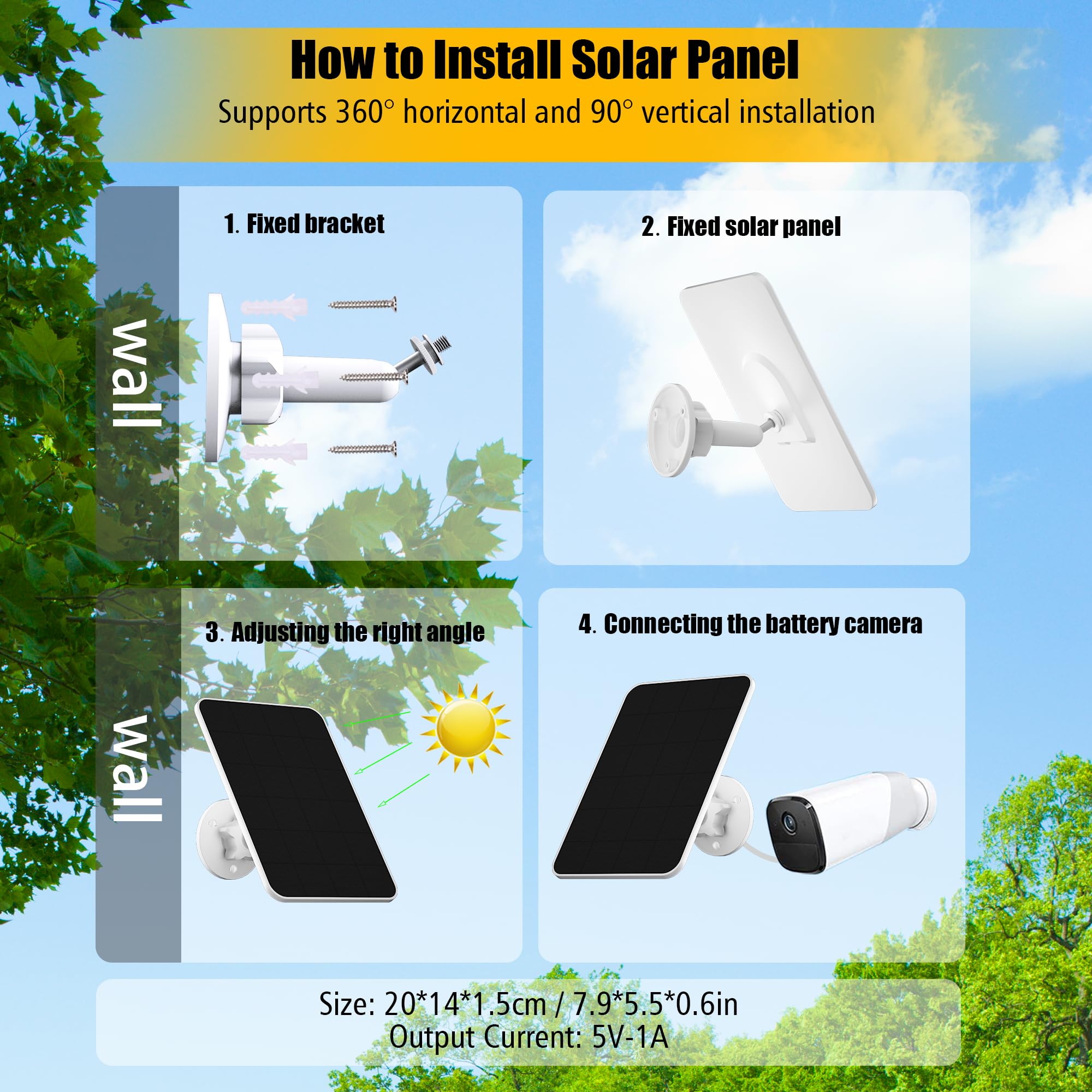 Pannello solare per fotocamera Eufy, telecamera di sicurezza, 5 V 4 W, pannello solare per eufyCam 2/2 Pro, 2C/2C Pro, E, soloCam E20/E40, caricatore per pannello solare IP65 USB-C per Eufy con micro