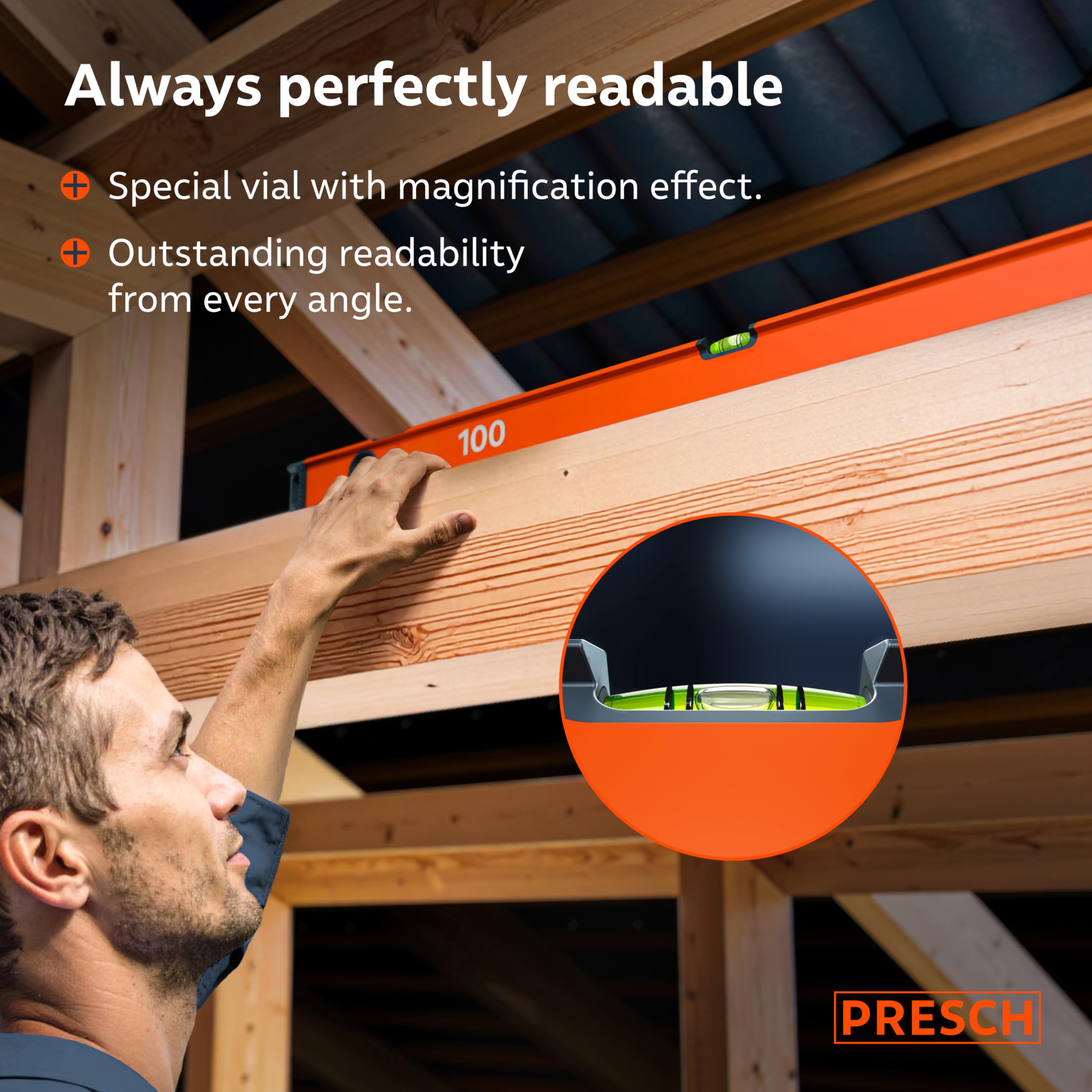 Presch Spirit Level 100cm, Shatterproof Vial with 2% Gradient, Vertical Viewing Window, Innovative Anti-Slip end caps - Image 3
