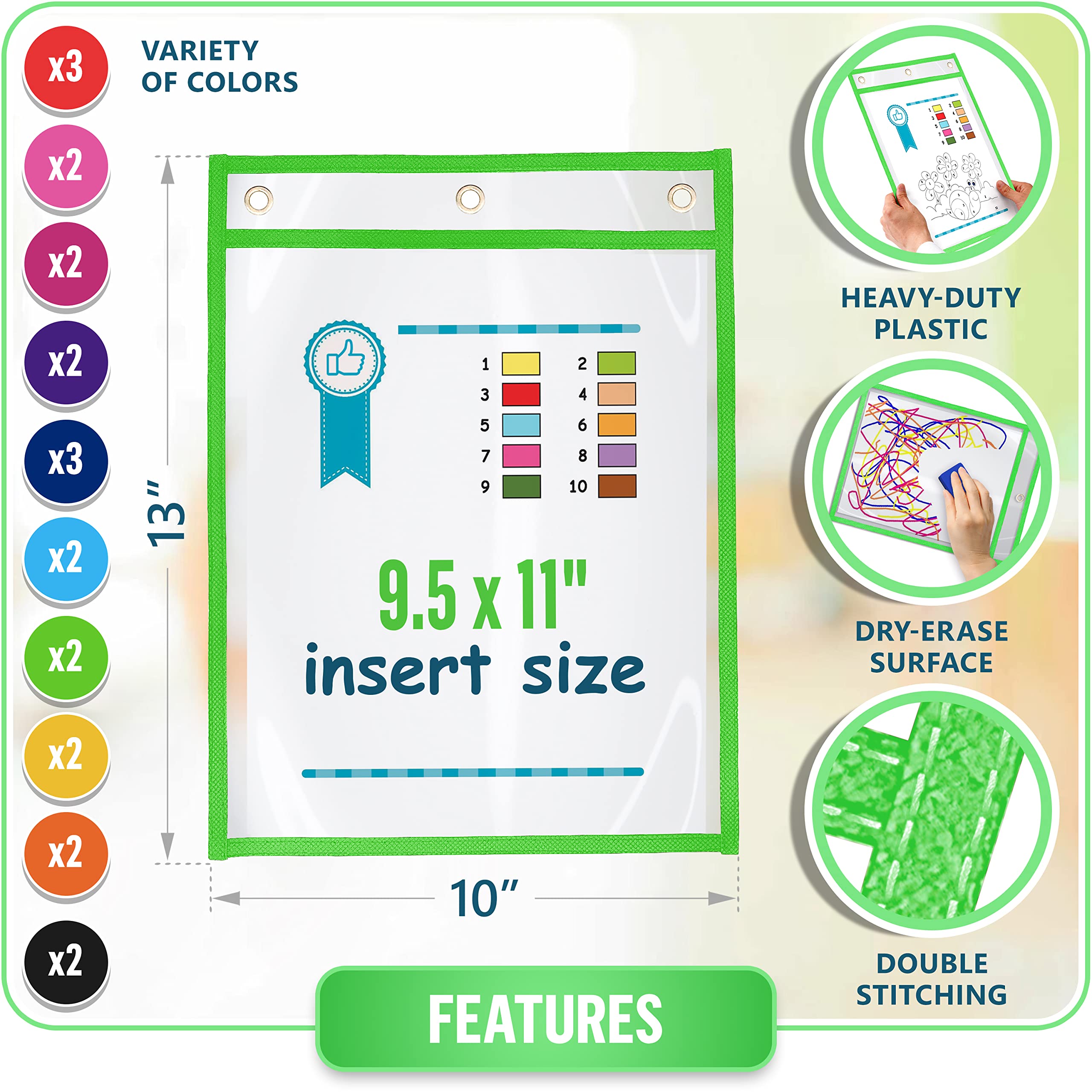 Oversized Ticket Holders With Marker Scribbledo Boho Color Dry Erase Pockets, 6 Pack Reusable Dry Erase Classroom Dry Erase Pockets With Marker Holder - View #8