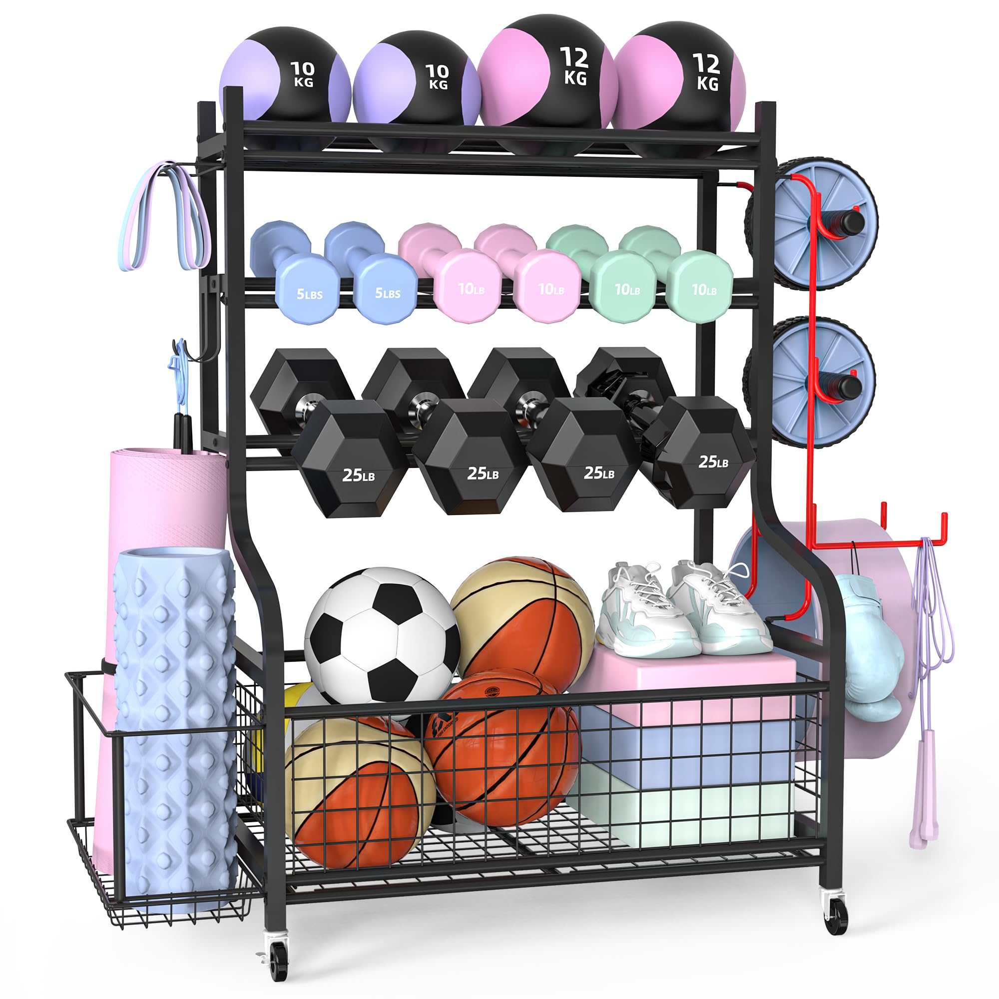ZACHVO Dumbbell Rack - Home Gym Storage Weight Rack 360° Wheels, Equipment Storage Space-Saving Fitness Organiser for Kettlebells Yoga Blocks, 8 Hooks