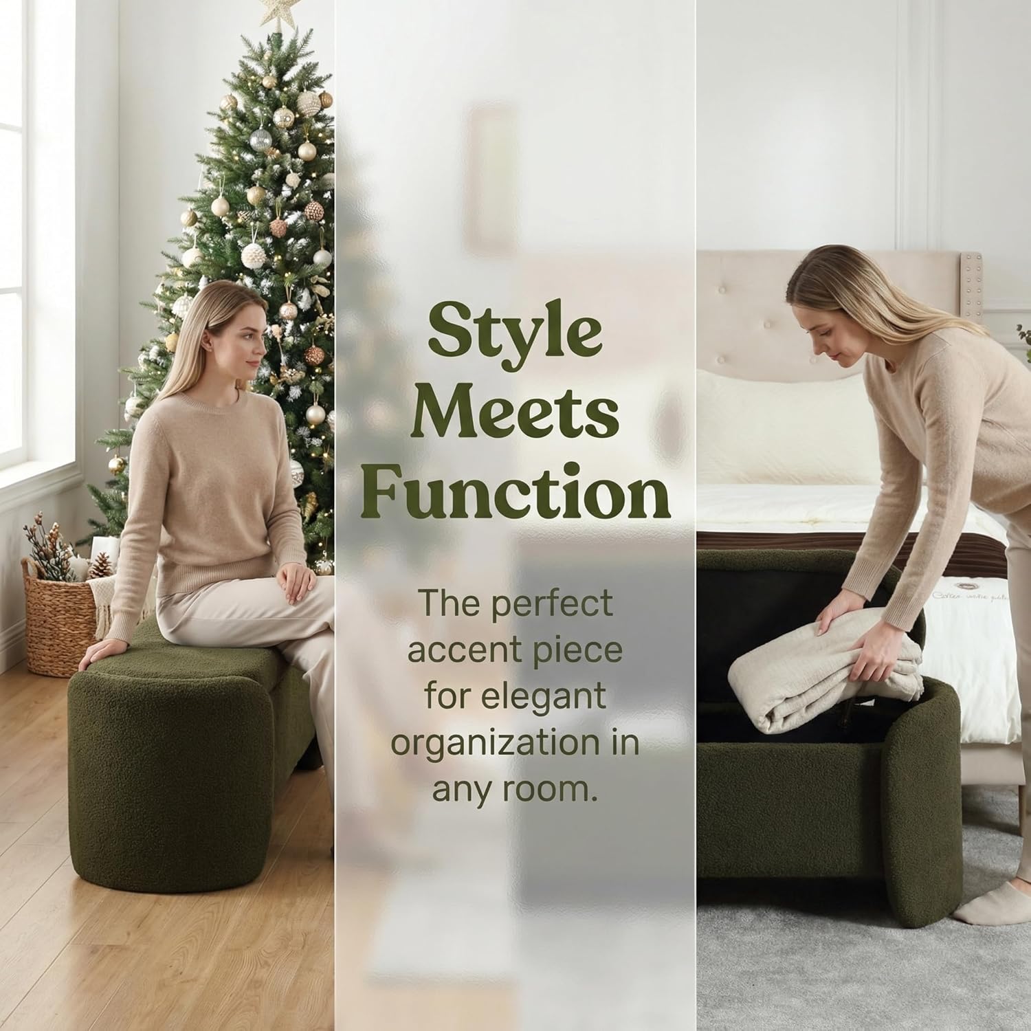 LukeAlon 50 inch Storage Ottoman Bench, Upholstered Faux Leather End of Bed Bench with Large Storage, Shoe Bench for Entryway, Living Room, Bedroom, Solid Wood Frame (Christmas Tree Green)