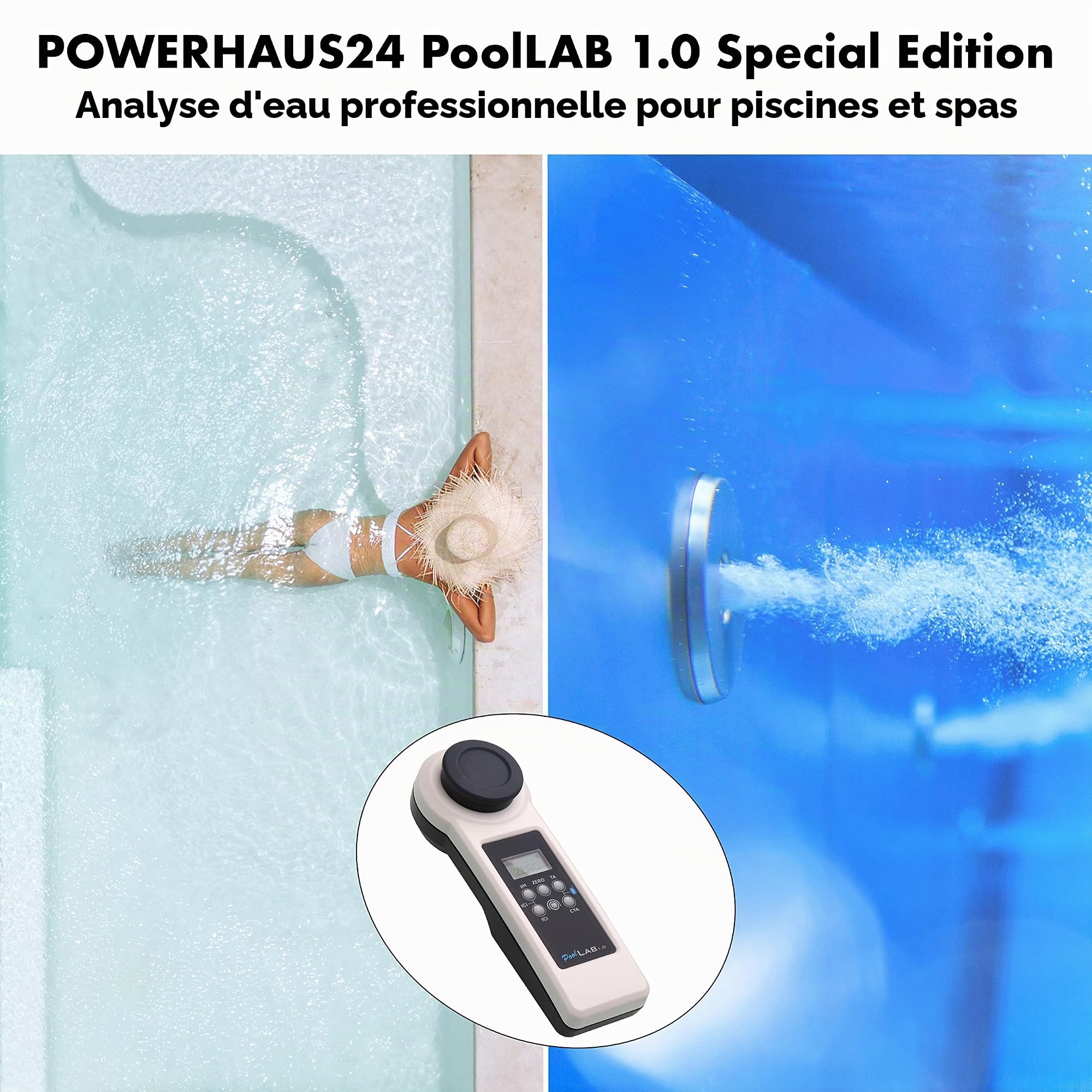 POWERHAUS24 PoolLAB® 1.0 Special Edition Testeur d'eau électronique, 13 en 1, avec 70 pastilles de test et une cuvette de rechange
