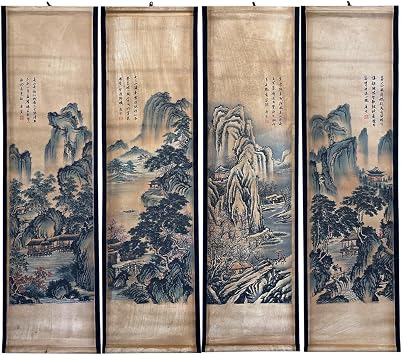 CIFIBIFUN Landscape Painting Large Wall Art Mountain Tree,Oriental Asia Traditional Poster,Ancient Replica Arts for Room Office Hanging Decor,4 Packs Set 14 x 49" x4Pieces
