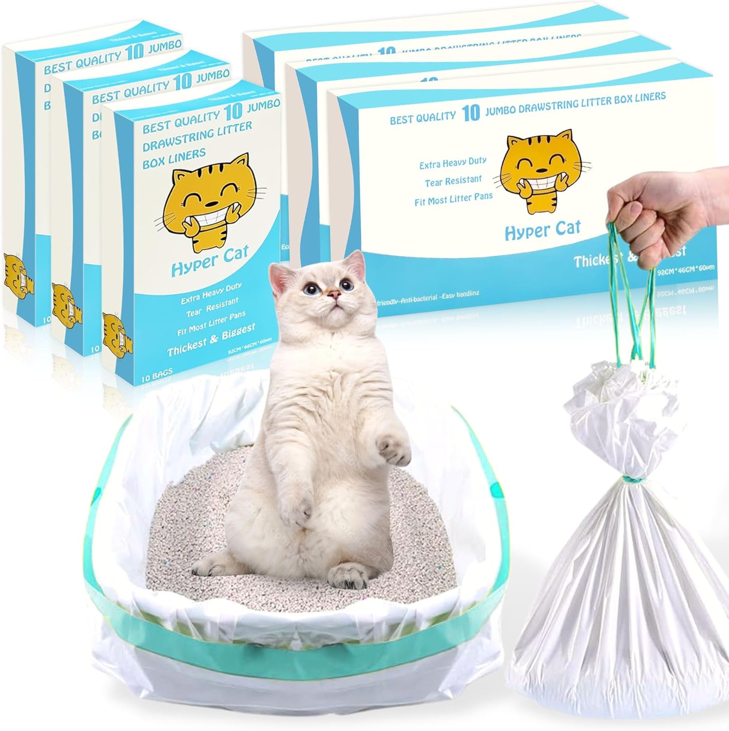 Hyper Cat Litter Box Liners - 60 Count, 36" x 18" Tear Resistant, Elastic With Drawstring, Jumbo Size for Kitty Poop