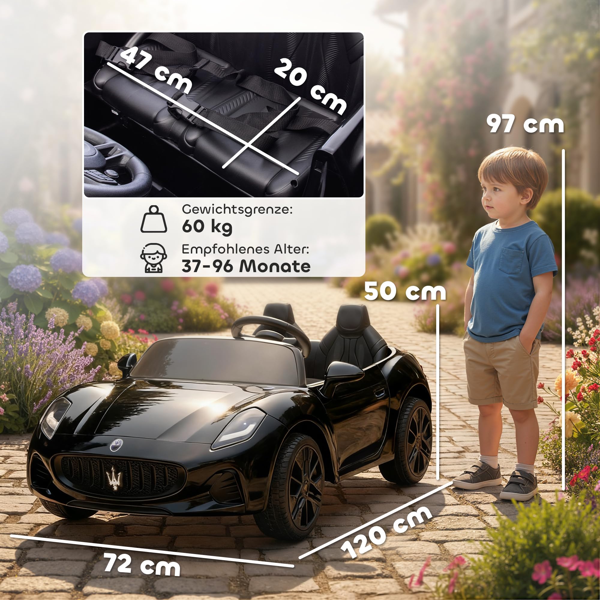 AIYAPLAY Kinder Elektroauto Maserati 12V 2-Sitzer Kinderauto Schwarz | 2,4 GHz Fernbedienung, 2 Motor, Elektrofahrzeug mit Federung, Musik, USB, Hupe, LED-Leuchten, für 3-8 Jahre, 3-8 km/h
