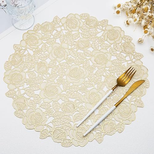 Miniatura 11 de Manteles individuales redondos dorados con rosas para mesa de comedor, manteles individuales de vinilo de plástico metálico, manteles decorativos