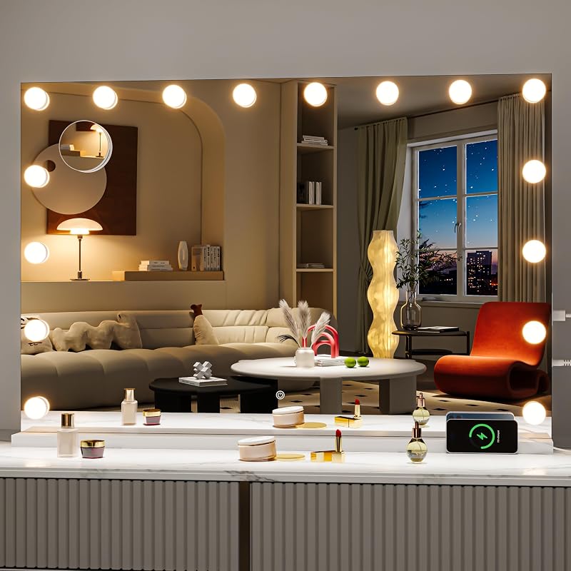 Espelho de maquiagem Hasipu com iluminação LED, 88,9 cm x 60,96 cm, 16 lâmpadas LED removíveis, 3 modos de luz, lente de aumento 5X, controle touch, USB e USB-C, vidro temperado