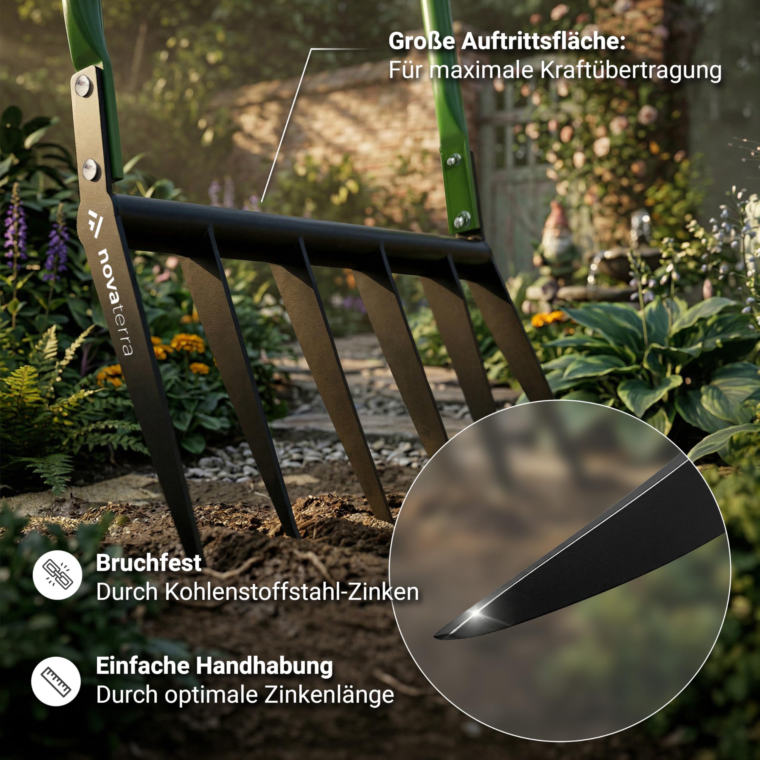 novaterra Horquilla prémium con 6 púas – Horquilla ergonómica Broadfork – aflojamiento del suelo que protege la espalda y cavar eficientemente – Tenedor de jardín robusto para macizos de flores