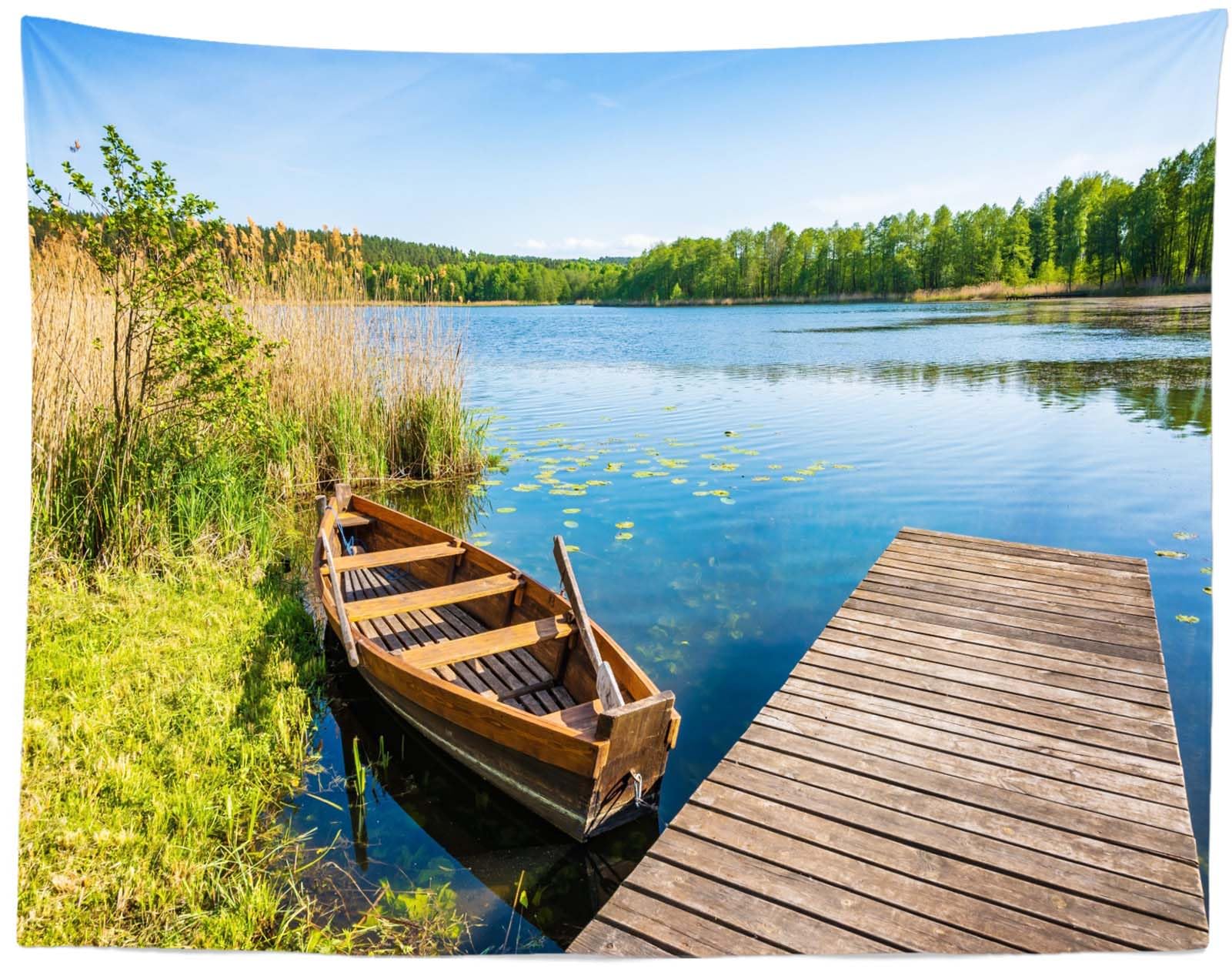 CORFOTO 1.8x1.2m Sfondo di molo in legno sul lago,sfondo fotografico di paesaggio di acqua di lago,sfondo fotografico di paesaggio primaverile di barca sul lago,sfondo fotografico di festa di pesca