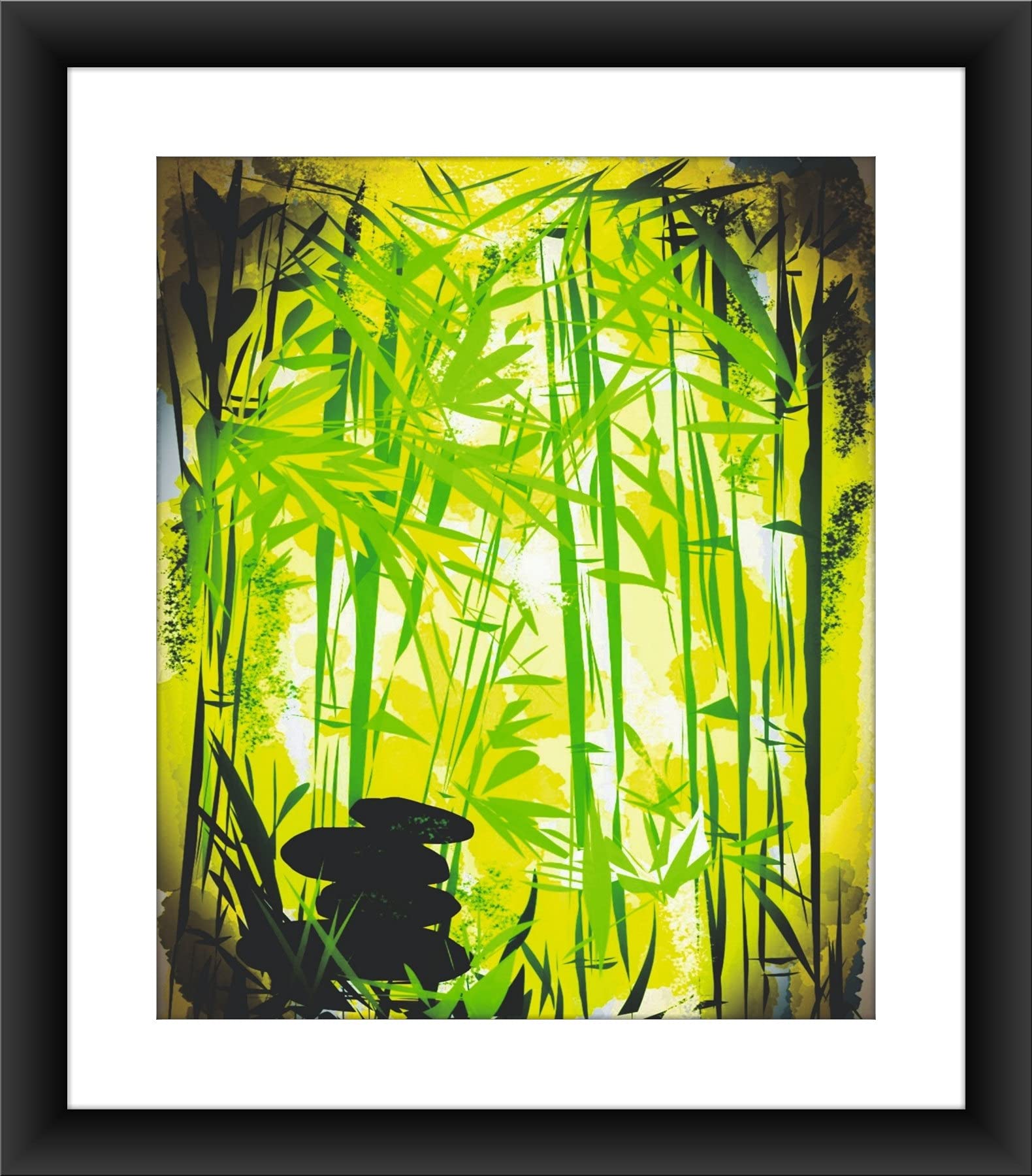 SHSWorks Fengshui - Bamboo Rock Framed Digital Reprint Wall Art Canvas Painting Signed by Artist - Copyright Protected Artwork (Green, 15x17 Inch)